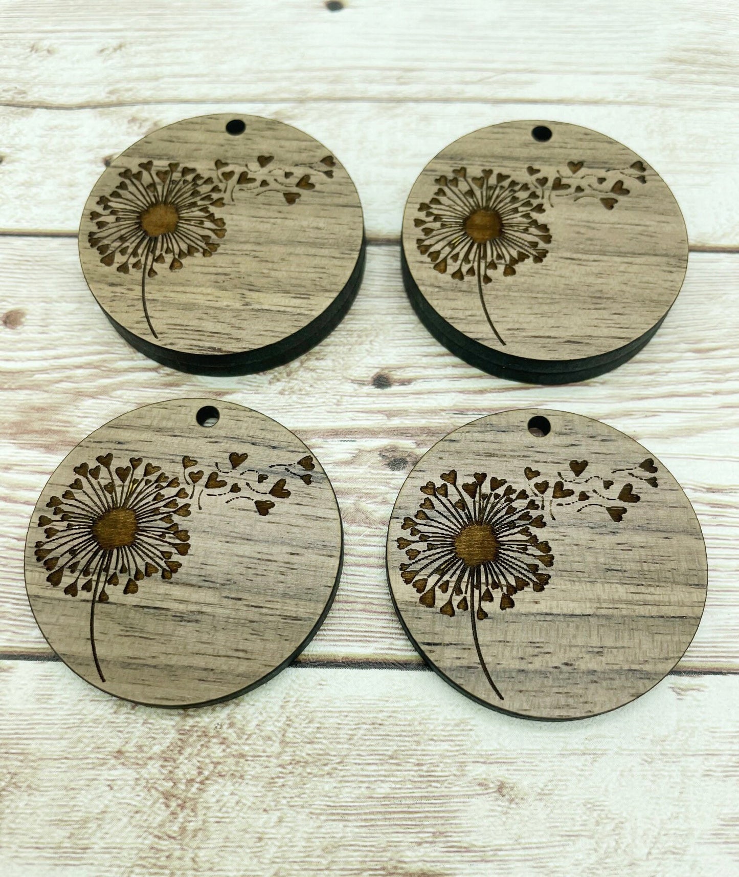 Wood Circle Engraved Dandelion Heart Earring Blanks, Finished Walnut Blank, DIY Jewelry Making