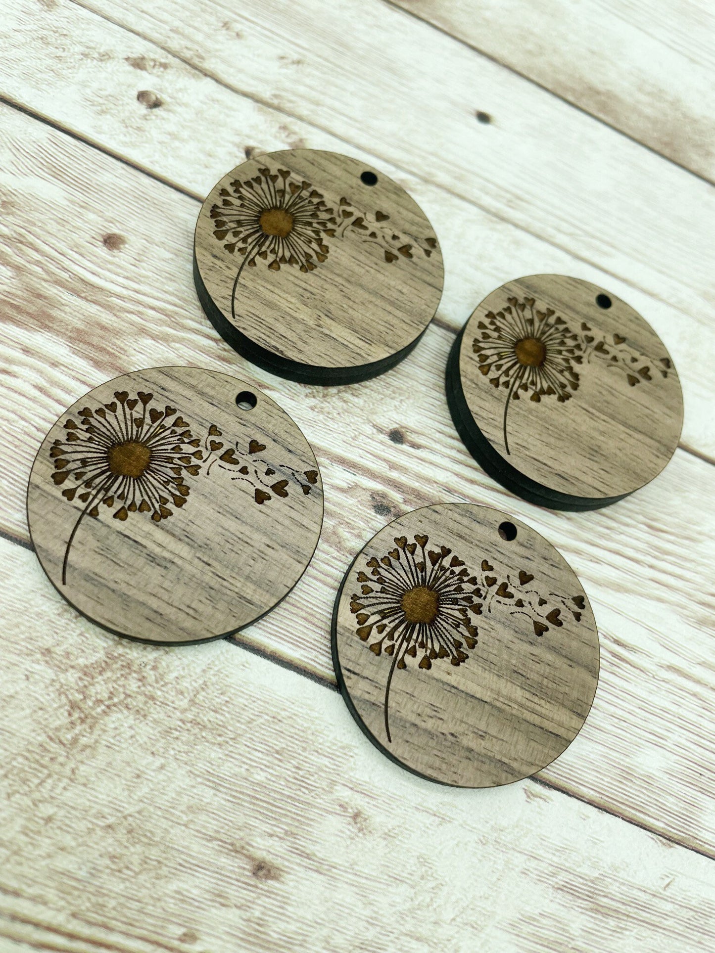 Wood Circle Engraved Dandelion Heart Earring Blanks, Finished Walnut Blank, DIY Jewelry Making