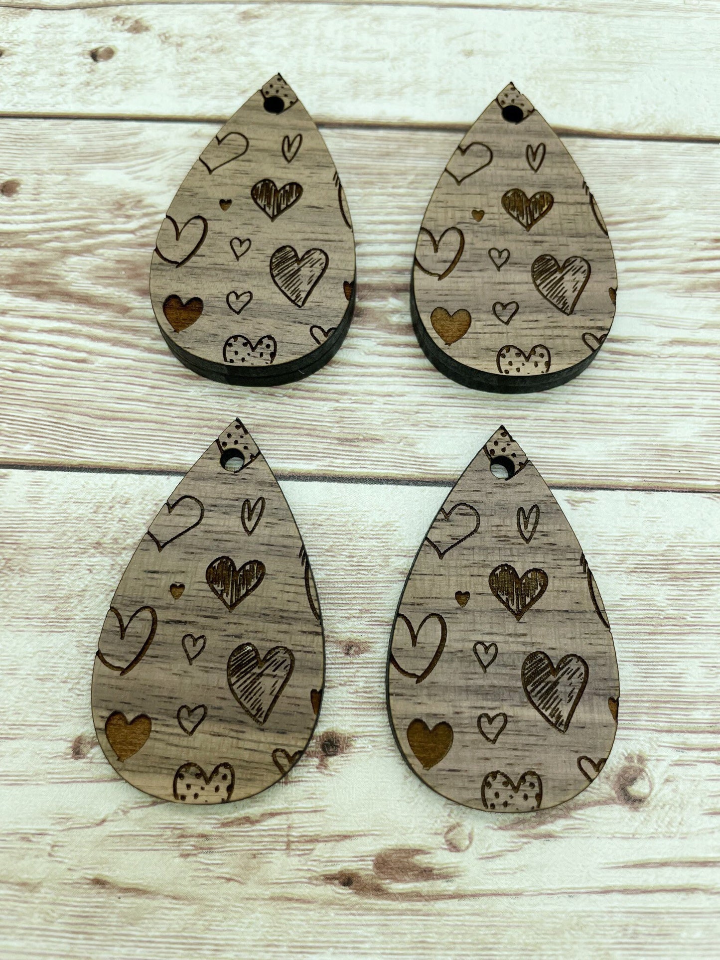 Wood Teardrop Engraved Heart Print #1 Earring Blanks, Finished Walnut Blank, DIY Jewelry Making