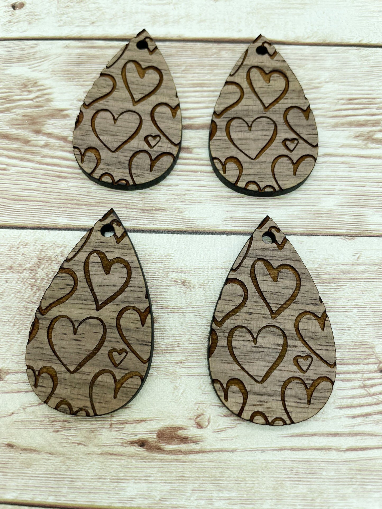 Wood Teardrop Engraved Heart Print #3 Earring Blanks, Finished Walnut Blank, DIY Jewelry Making