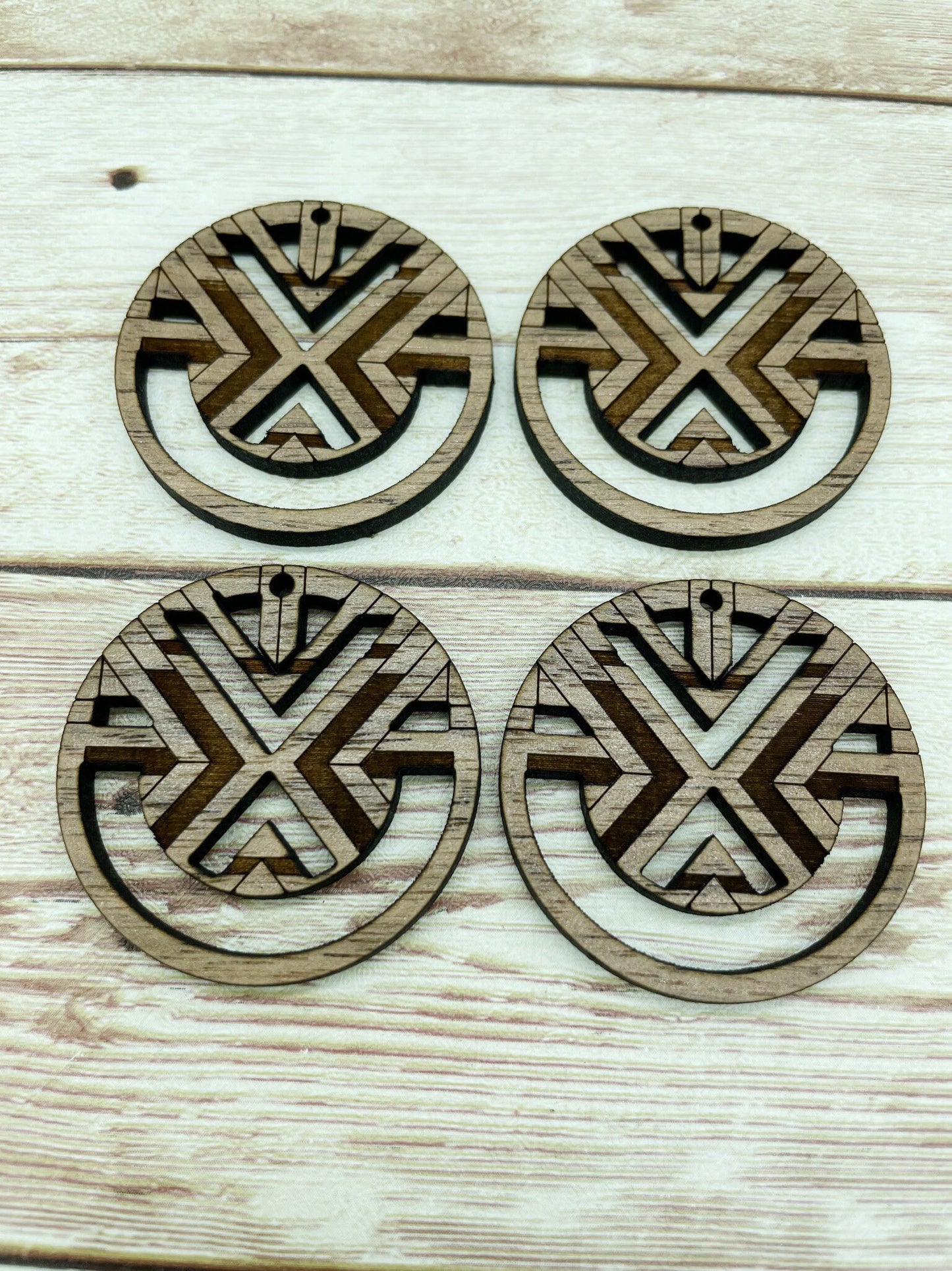 Wood Circle Engraved Aztec Macrame Earring Blanks, Finished Walnut Blank, DIY Jewelry Making