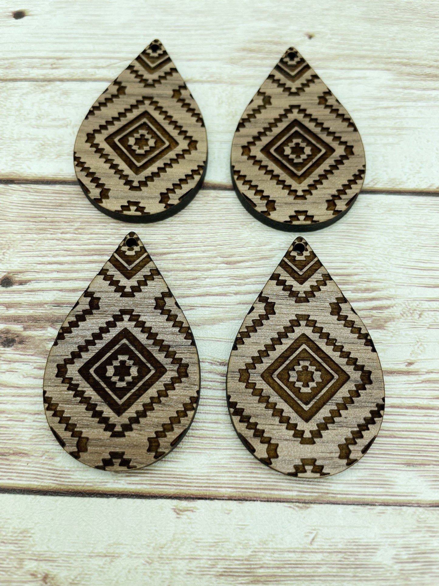 Wood Teardrop Engraved Southwestern Print Earring Blanks, Finished Walnut Blank, DIY Jewelry Making