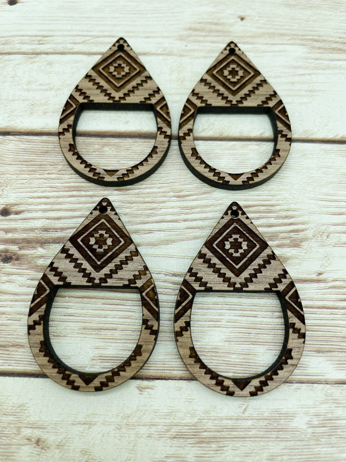 Wood Teardrop Engraved Southwestern Print Macrame Earring Blanks, Finished Walnut Blank, DIY Jewelry Making