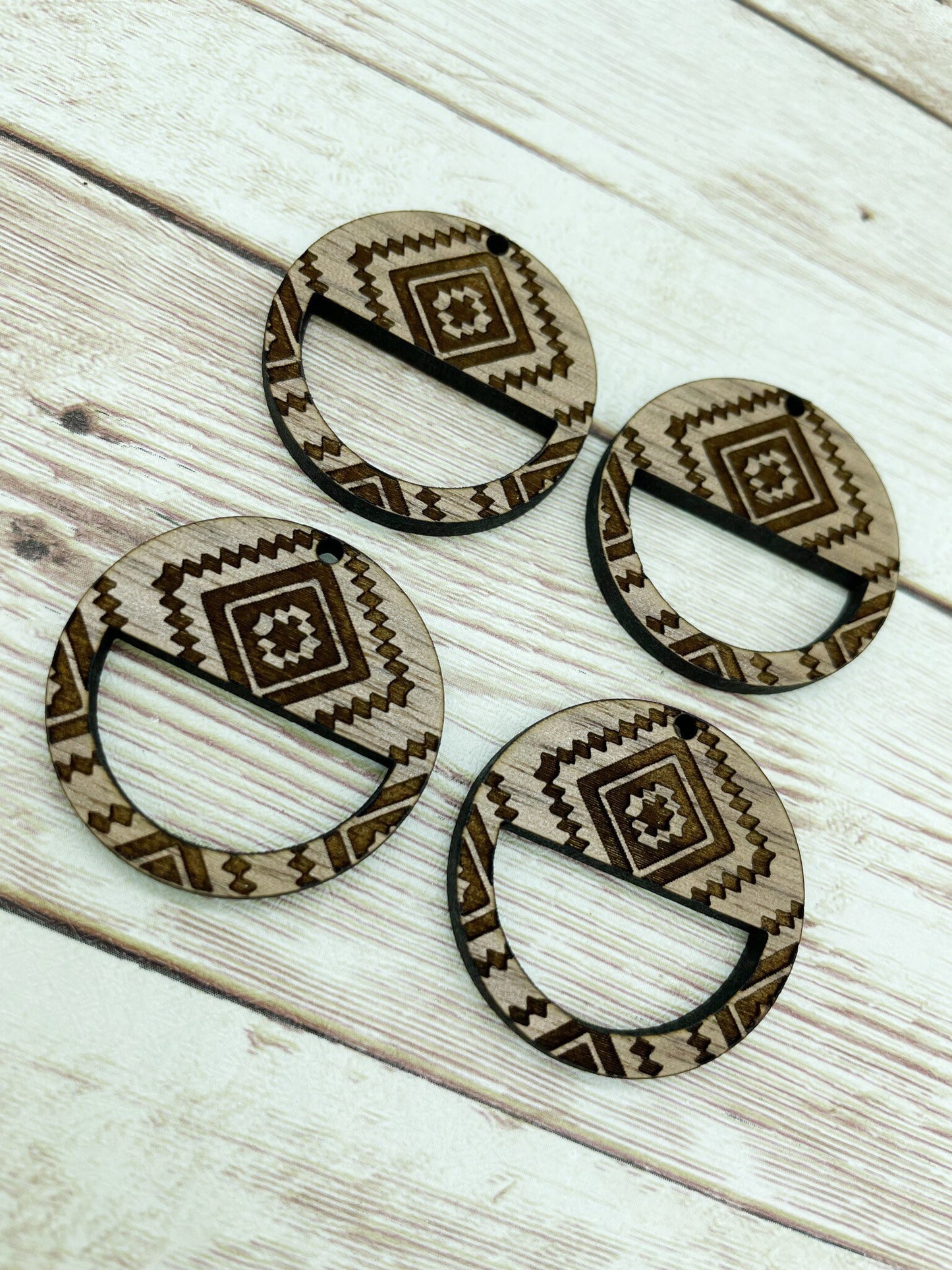 Wood Circle Engraved Southwestern Print Macrame Earring Blanks, Finished Walnut Blank, DIY Jewelry Making
