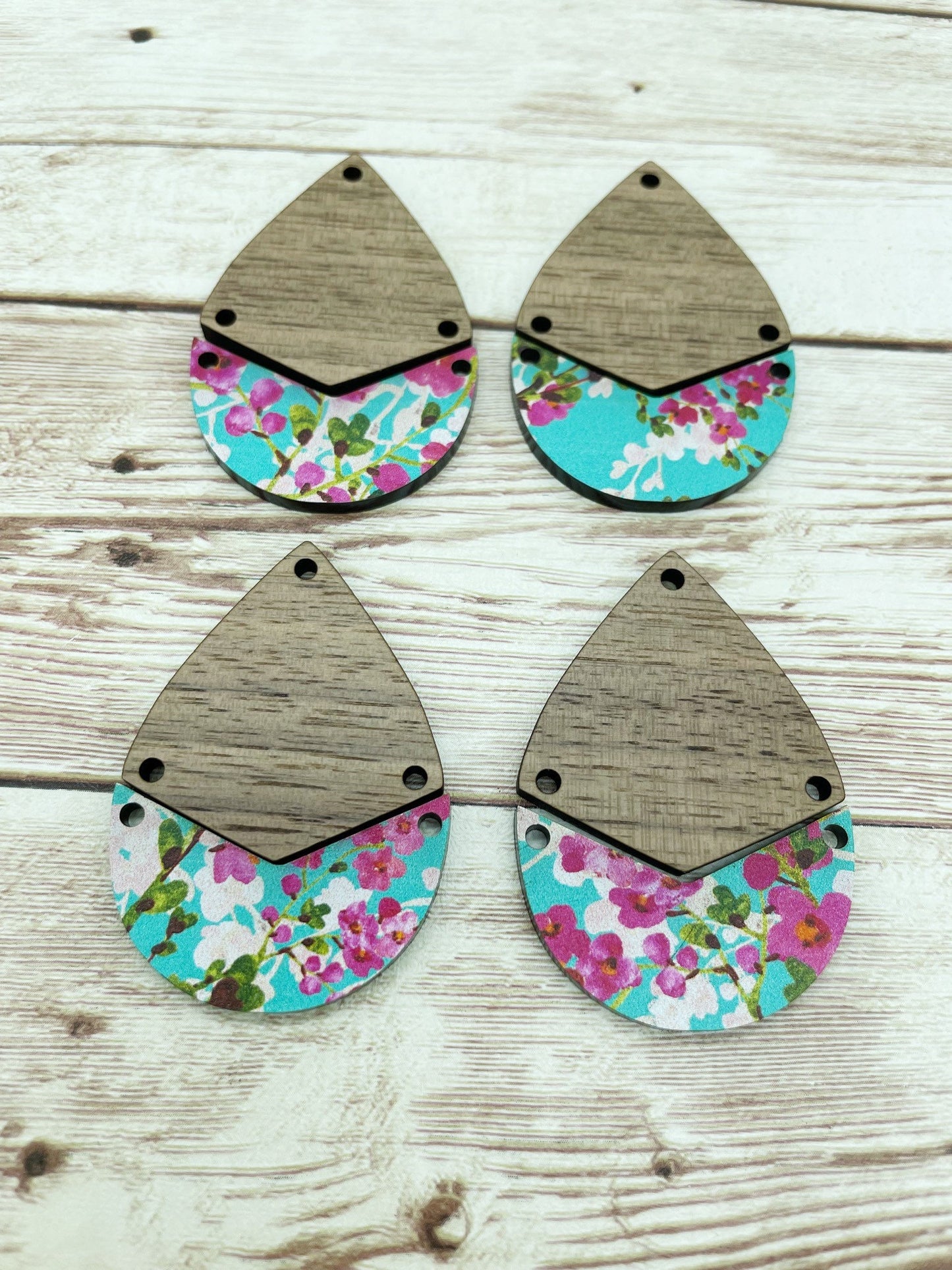 Patterned Blossom Acrylic and Walnut Teardrop Set Earring Blanks, DIY Jewelry Making