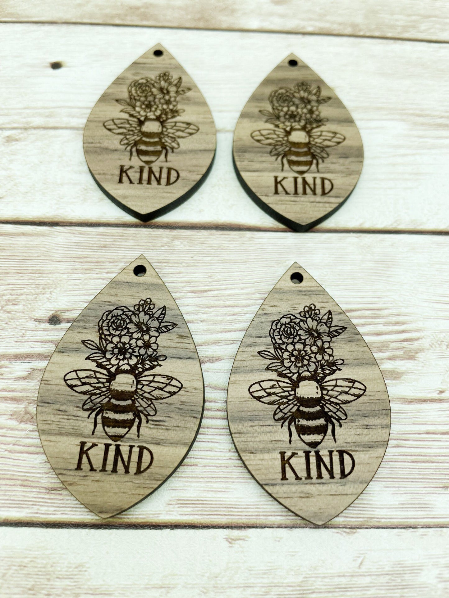 Wood Teardrop Engraved Floral Bee Kind Earring Blanks, Finished Walnut Blank, DIY Jewelry Making
