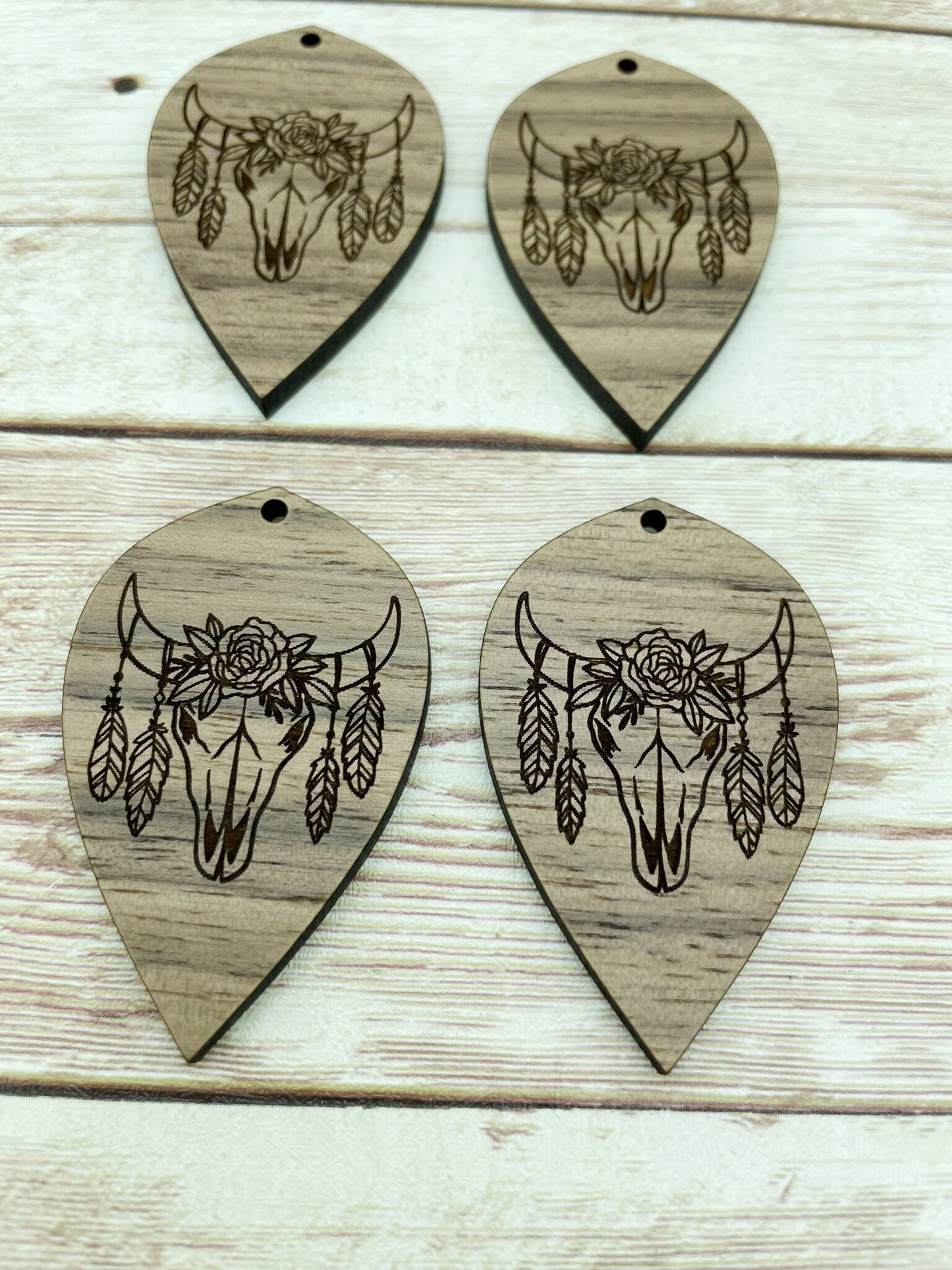 Wood Teardrop Engraved Floral Cow Skull Earring Blanks, Finished Walnut Blank, DIY Jewelry Making