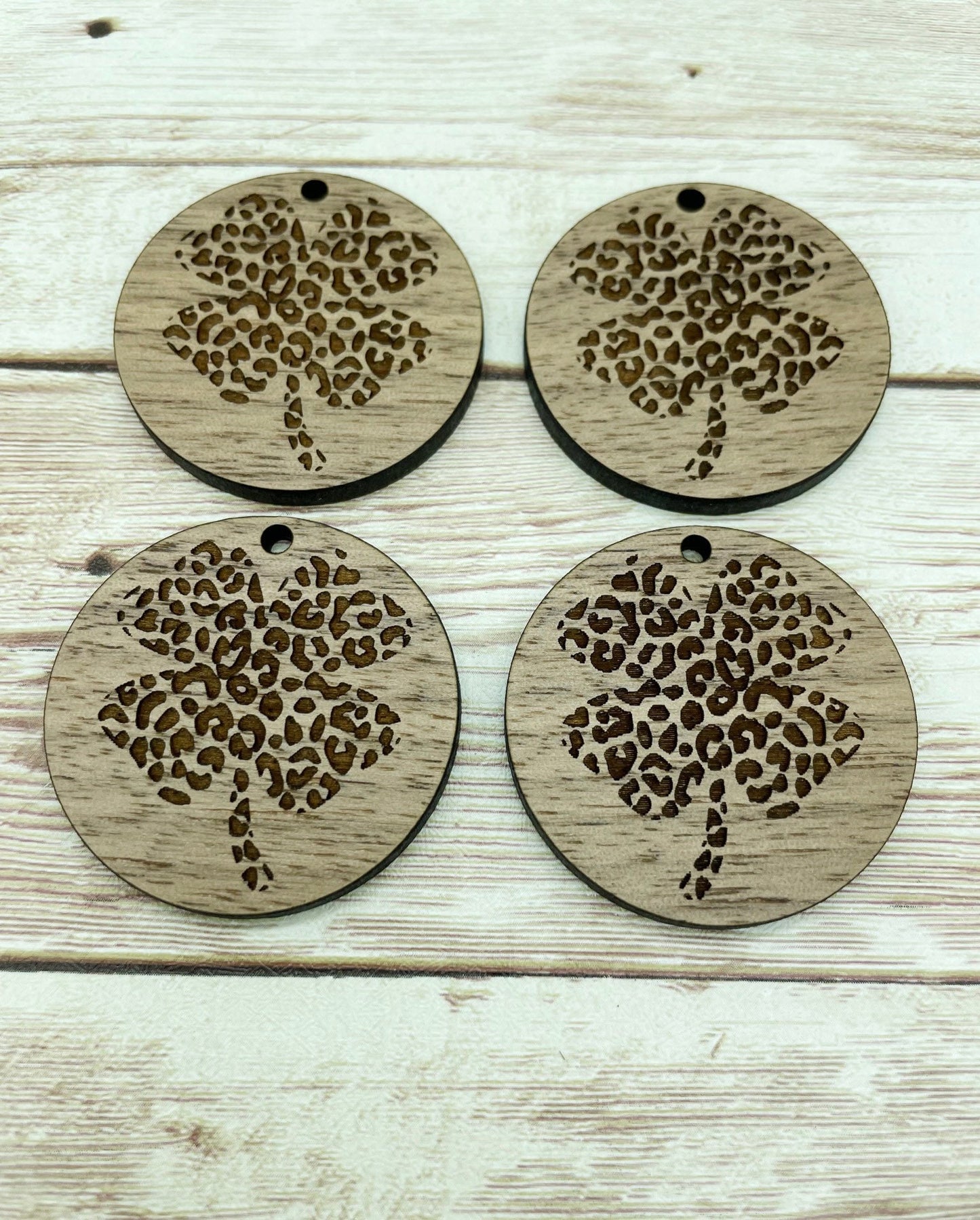 Wood Circle Engraved Leopard Print Shamrock Earring Blanks, Finished Walnut Blank, DIY Jewelry Making