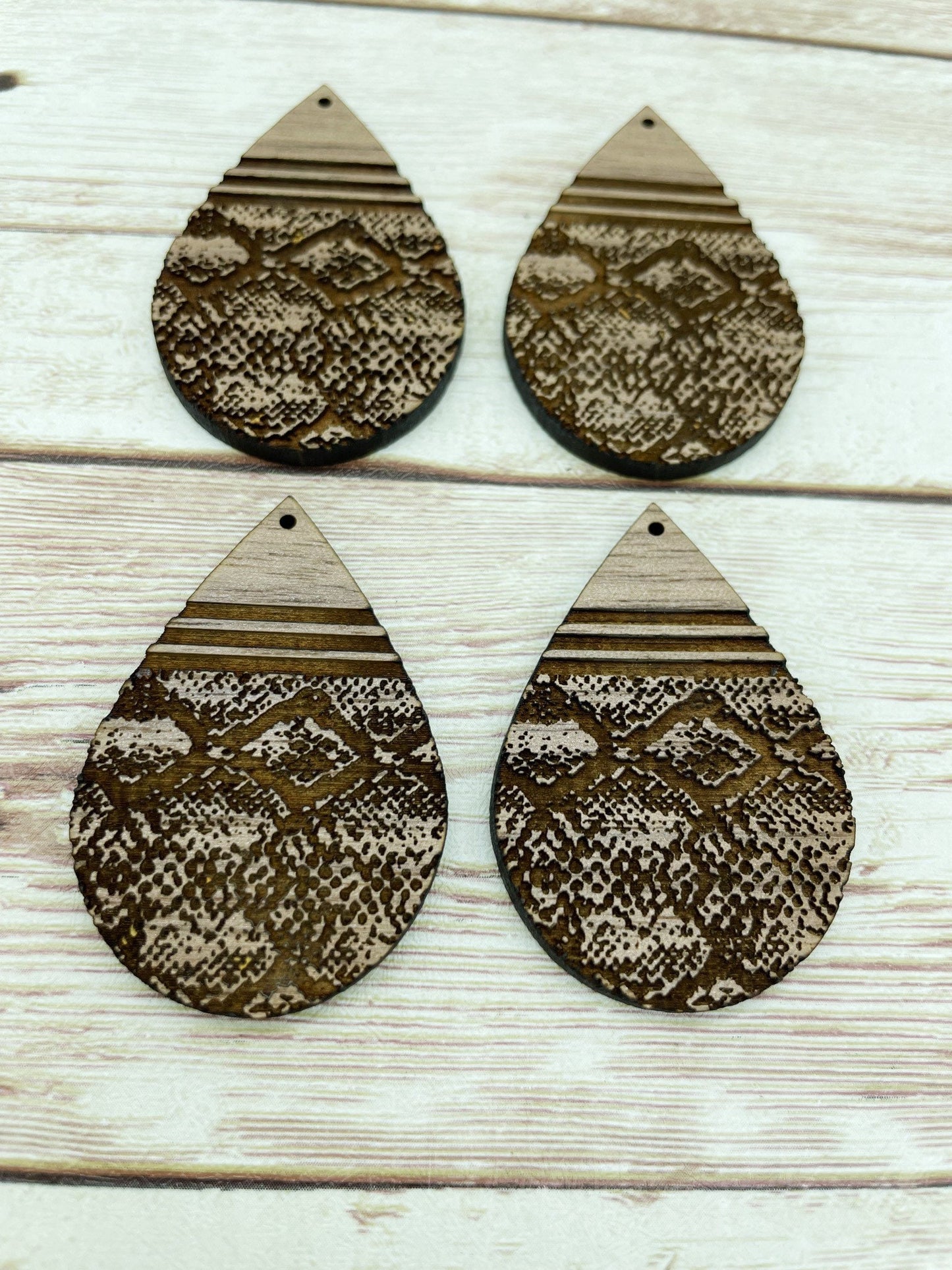 Wood Teardrop Engraved Striped Snakeskin Print Earring Blanks, Finished Walnut Blank, DIY Jewelry Making