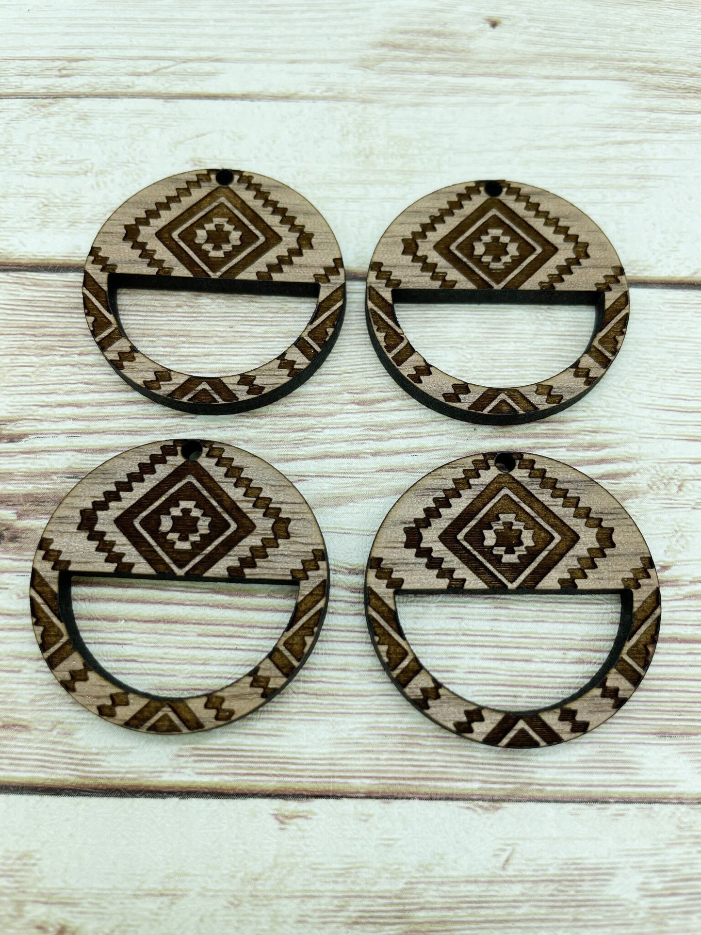 Wood Circle Engraved Southwestern Print Macrame Earring Blanks, Finished Walnut Blank, DIY Jewelry Making
