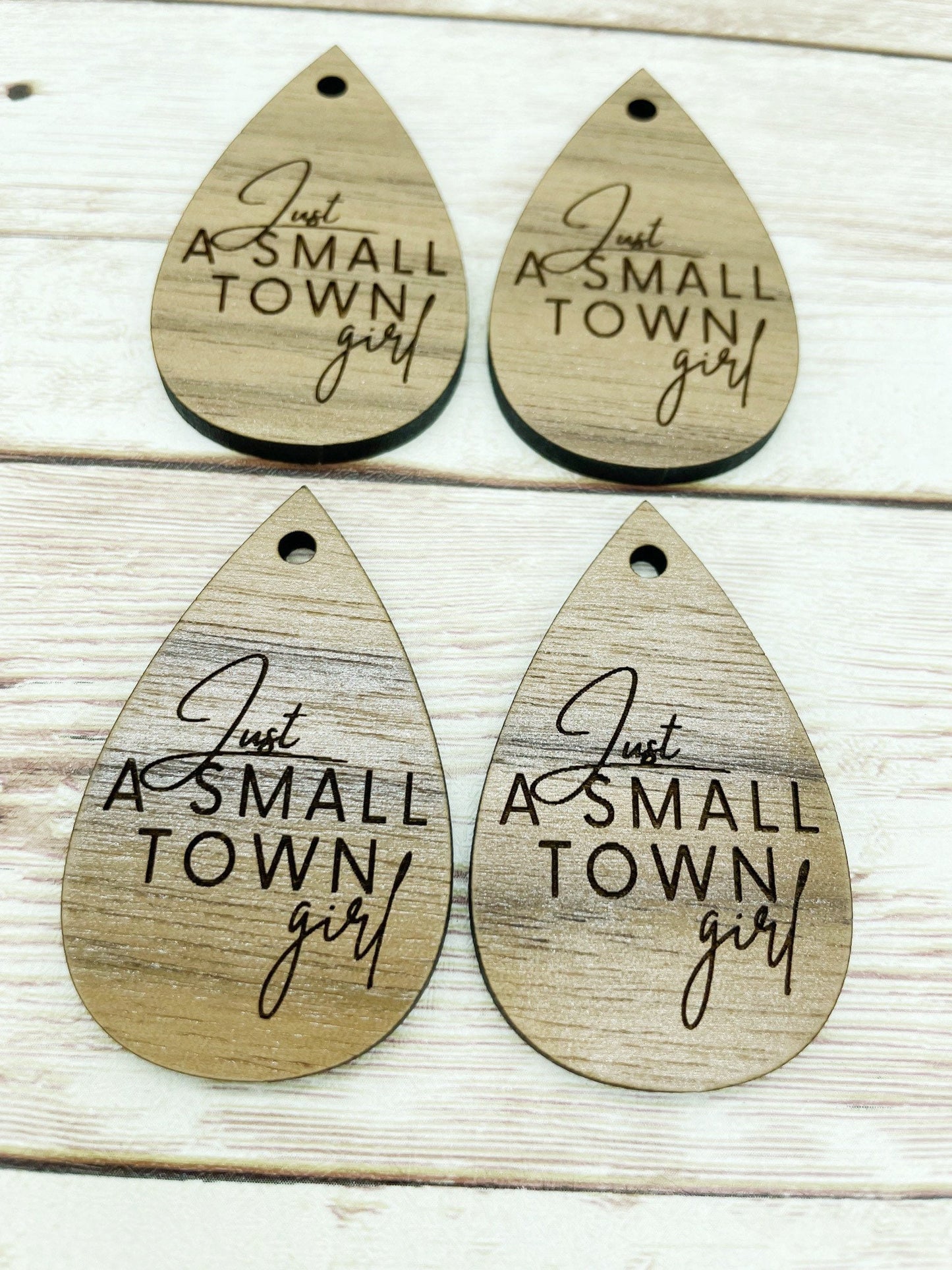 Wood Teardrop Engraved Just a Small Town Girl Earring Blanks, Finished Walnut Blank, DIY Jewelry Making