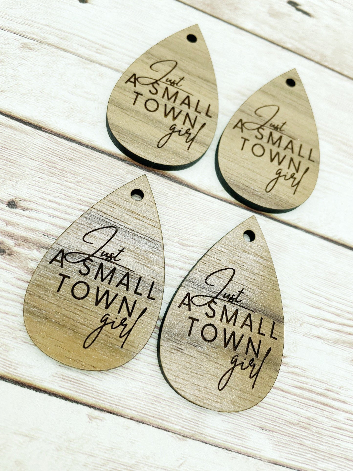 Wood Teardrop Engraved Just a Small Town Girl Earring Blanks, Finished Walnut Blank, DIY Jewelry Making