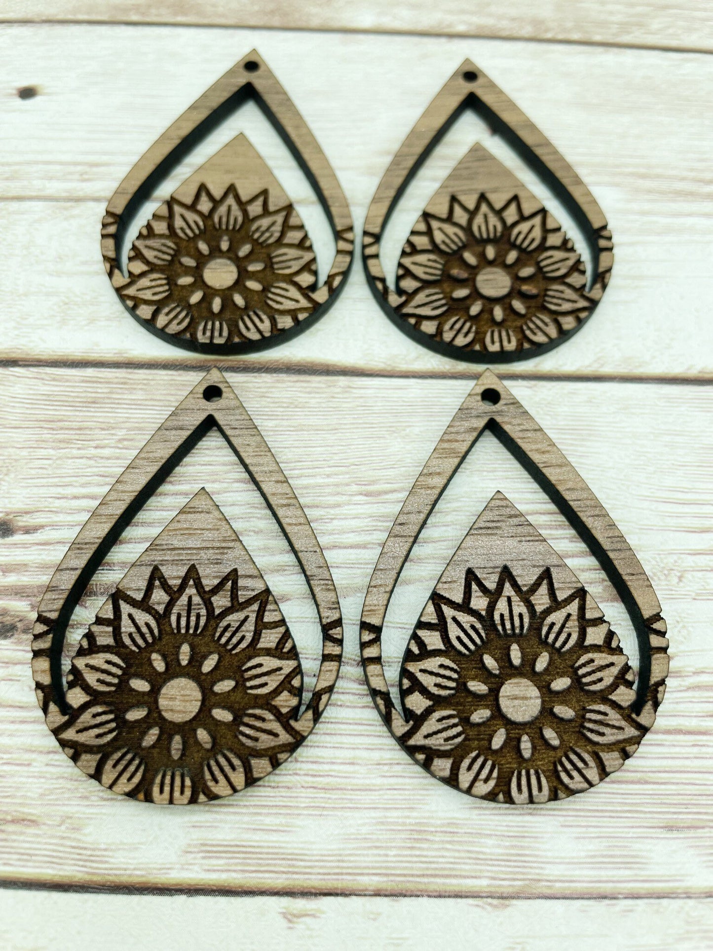 Wood Teardrop Engraved Flower Earring Blanks, Finished Walnut Blank, DIY Jewelry Making