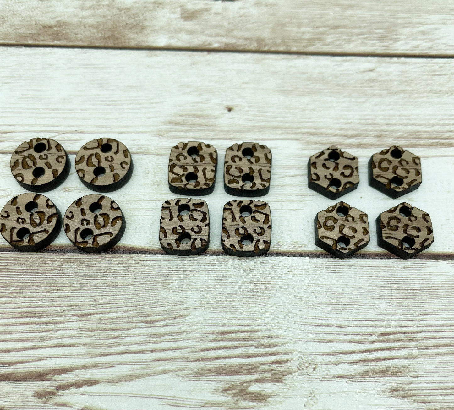 Wood Engraved Leopard Print Earring Connectors Set of 6 Pair, Finished Walnut Blank, DIY Jewelry Making