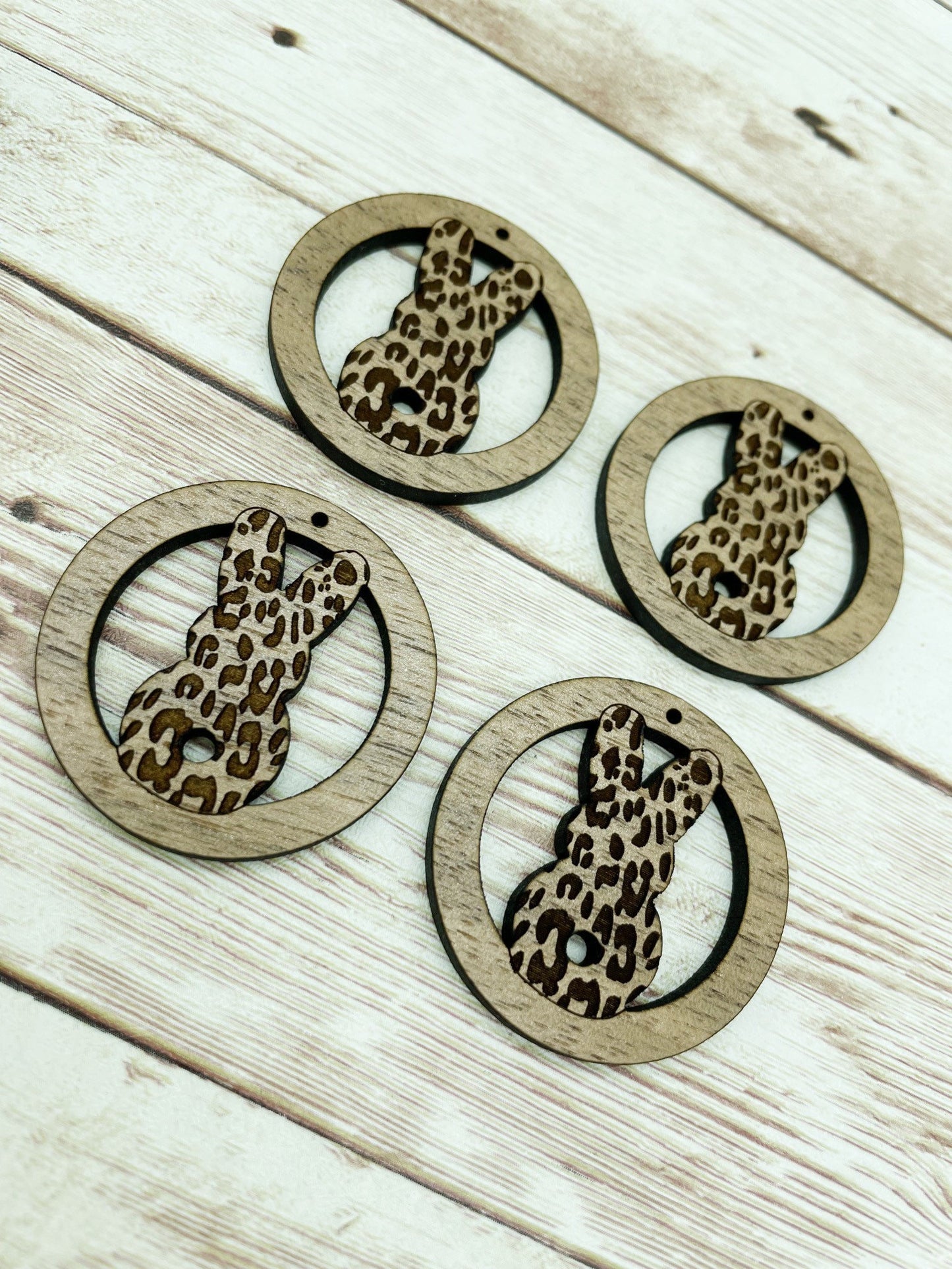 Wood Circle Engraved Leopard Bunny Easter Earring Blanks, Finished Walnut Blank, DIY Jewelry Making