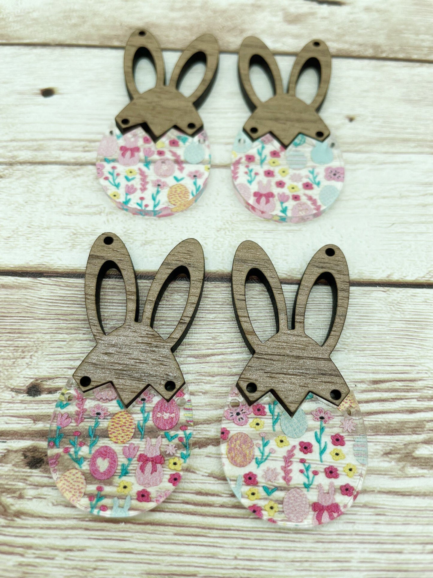Patterned Acrylic and Wood Bunny Rabbit Egg Set Print Earring Blanks, DIY Jewelry Making