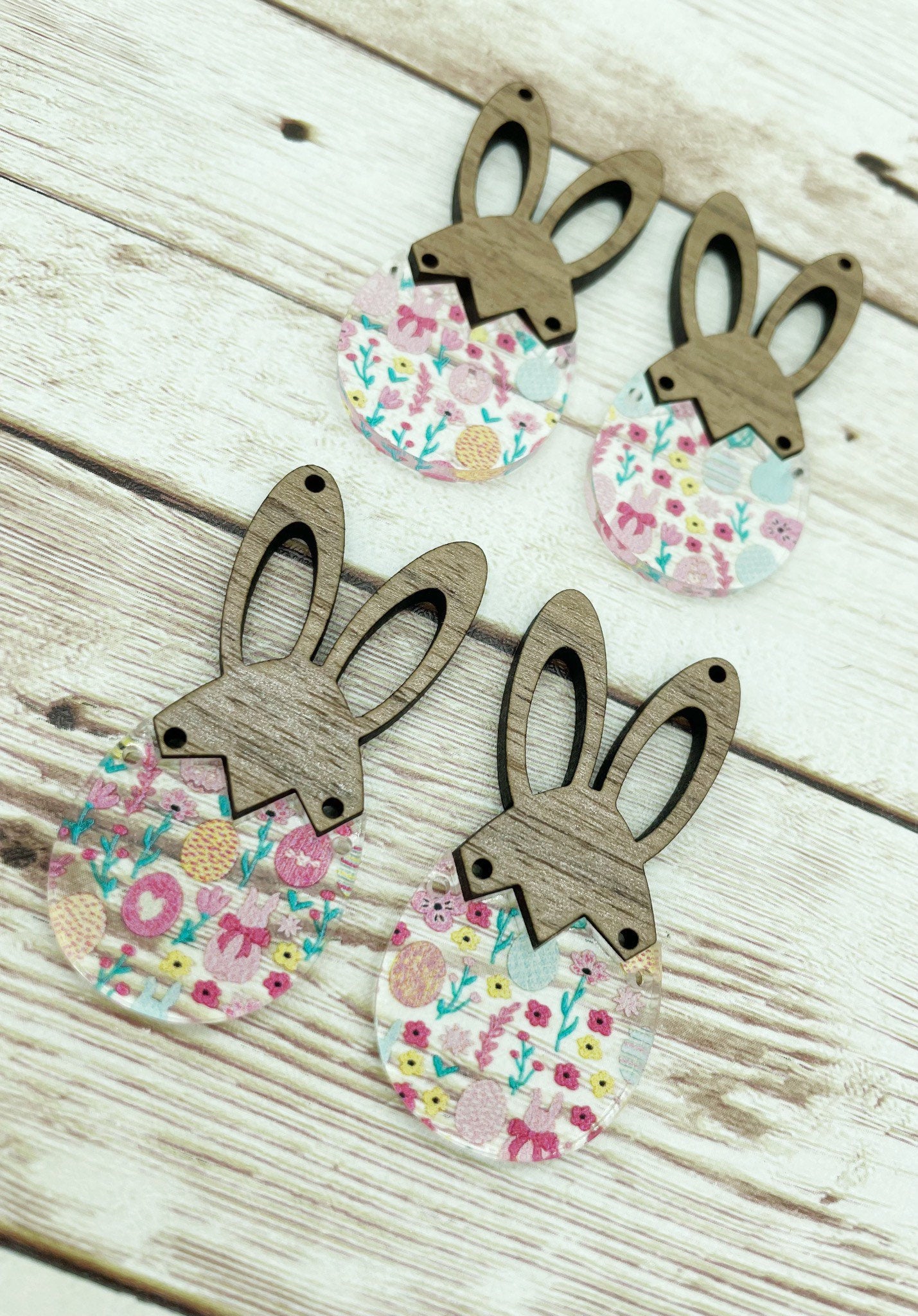 Patterned Acrylic and Wood Bunny Rabbit Egg Set Print Earring Blanks, DIY Jewelry Making