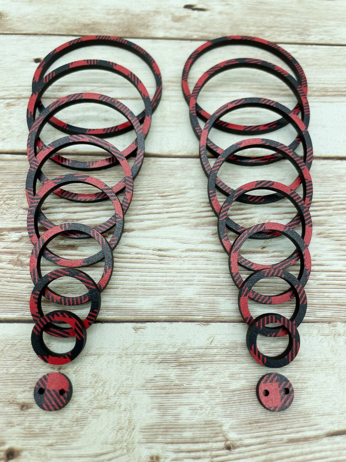 Buffalo Plaid Red and Black Wood Hoop Nesting Set, Earring Blanks, DIY Jewelry Making