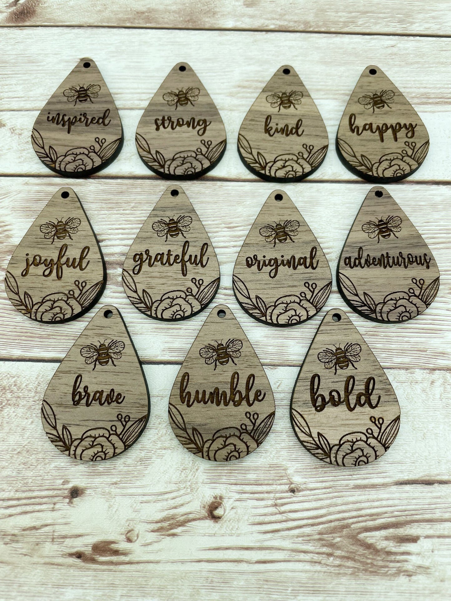 Engraved Bee Inspiration Words Earring Blanks, Finished Walnut, DIY Earring Blanks