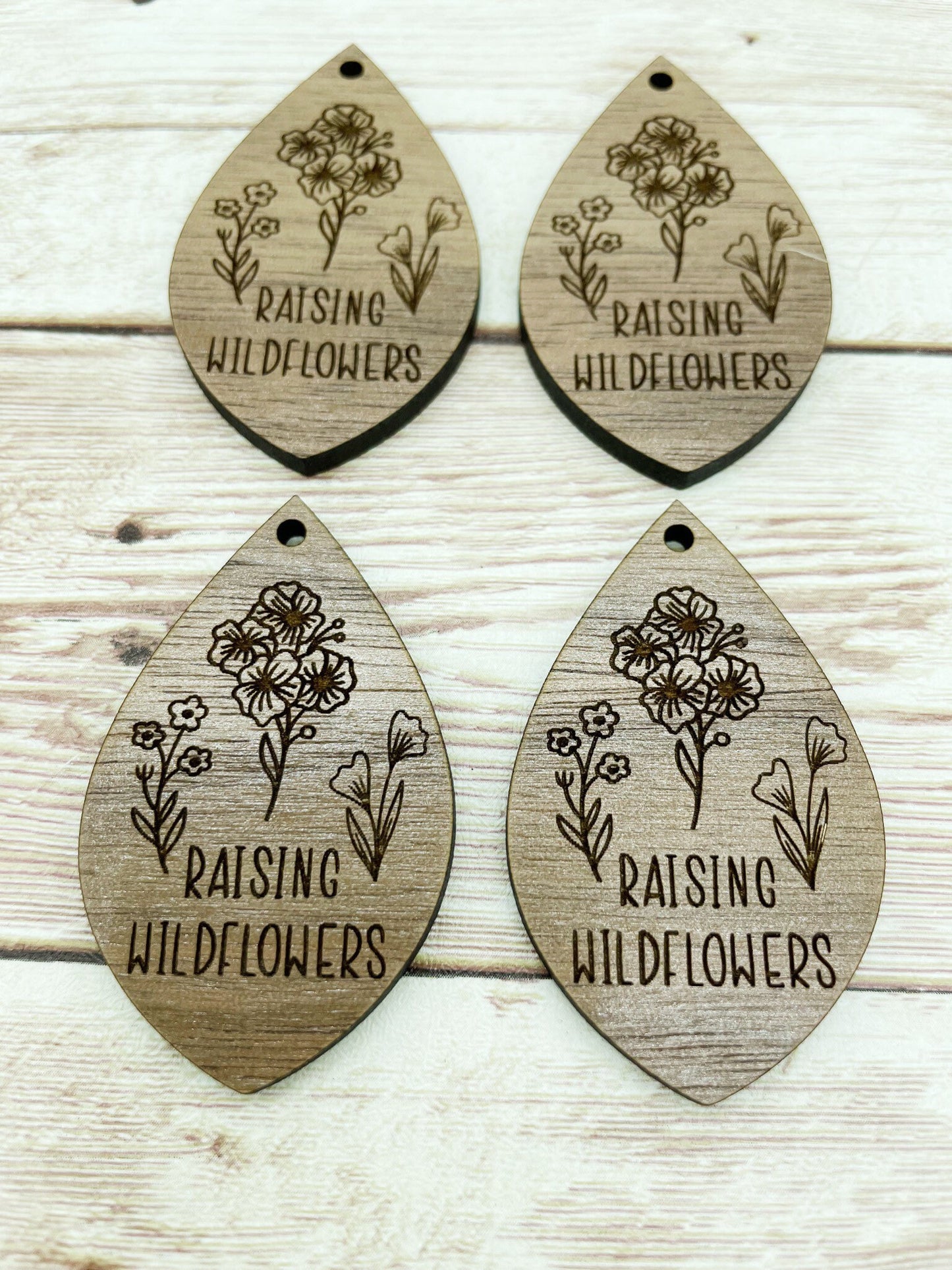Wood Teardrop Engraved Raising Wildflowers Earring Blanks, Finished Walnut Blank, DIY Jewelry Making