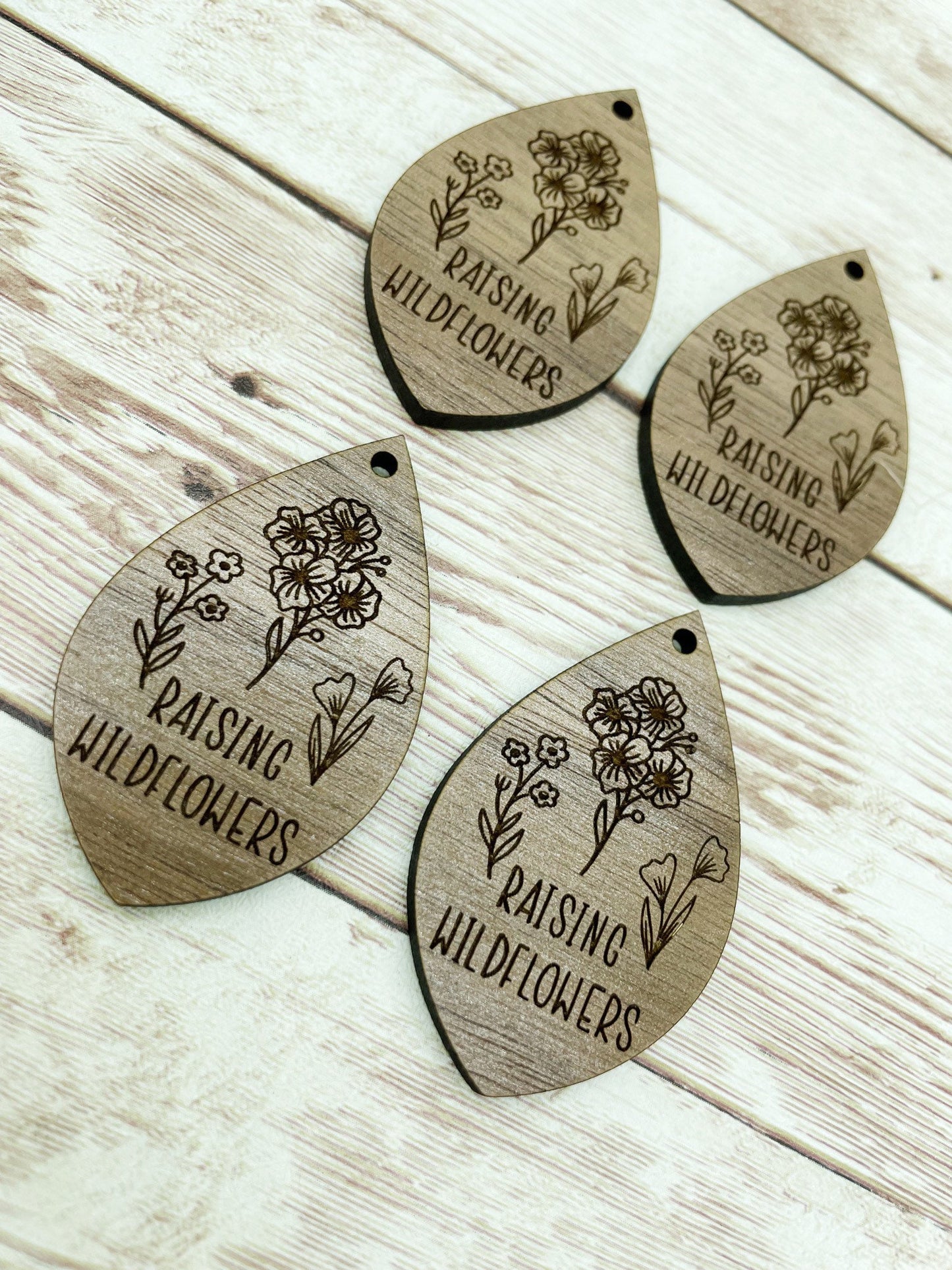 Wood Teardrop Engraved Raising Wildflowers Earring Blanks, Finished Walnut Blank, DIY Jewelry Making