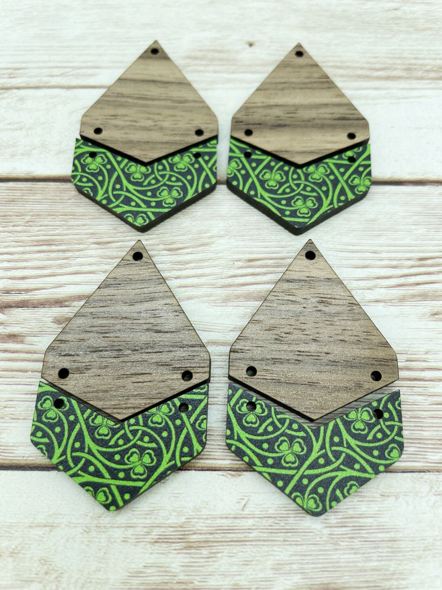 Patterned Celtic Shamrock Print Wood and Walnut Teardrop Set Earring Blanks, DIY Jewelry Making