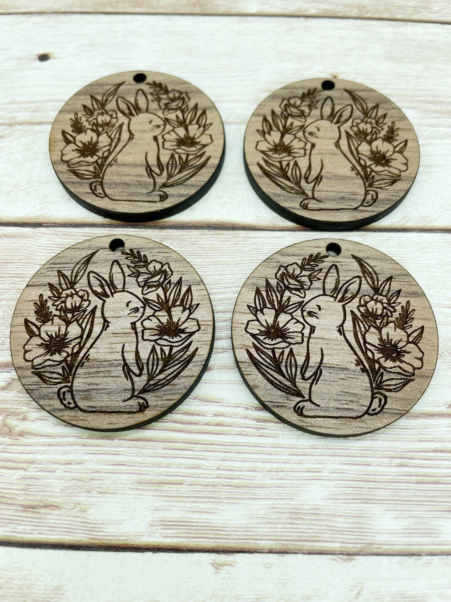 Wood Circle Engraved Floral Bunny Rabbit Easter Earring Blanks, Finished Walnut Blank, DIY Jewelry Making