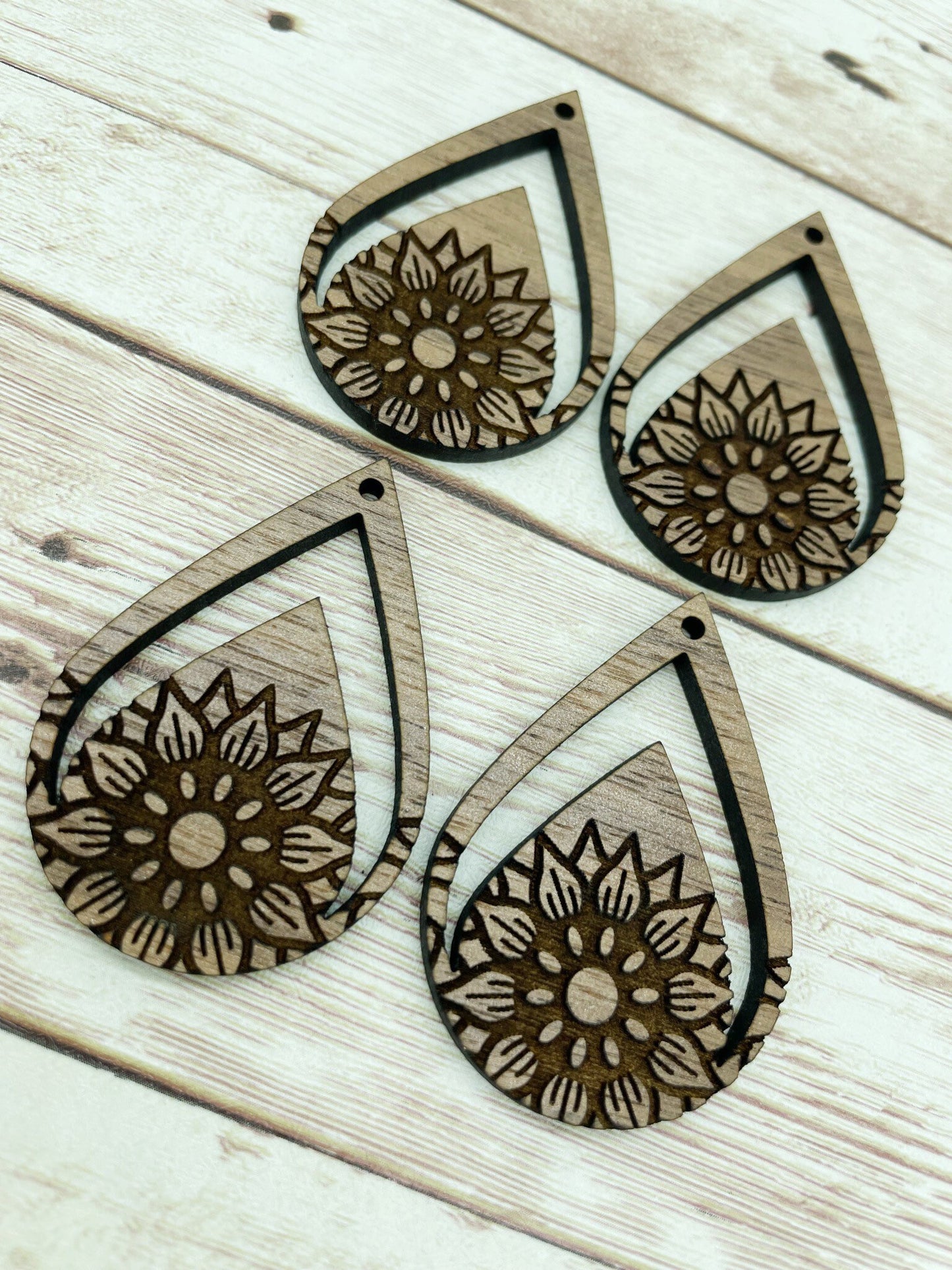 Wood Teardrop Engraved Flower Earring Blanks, Finished Walnut Blank, DIY Jewelry Making