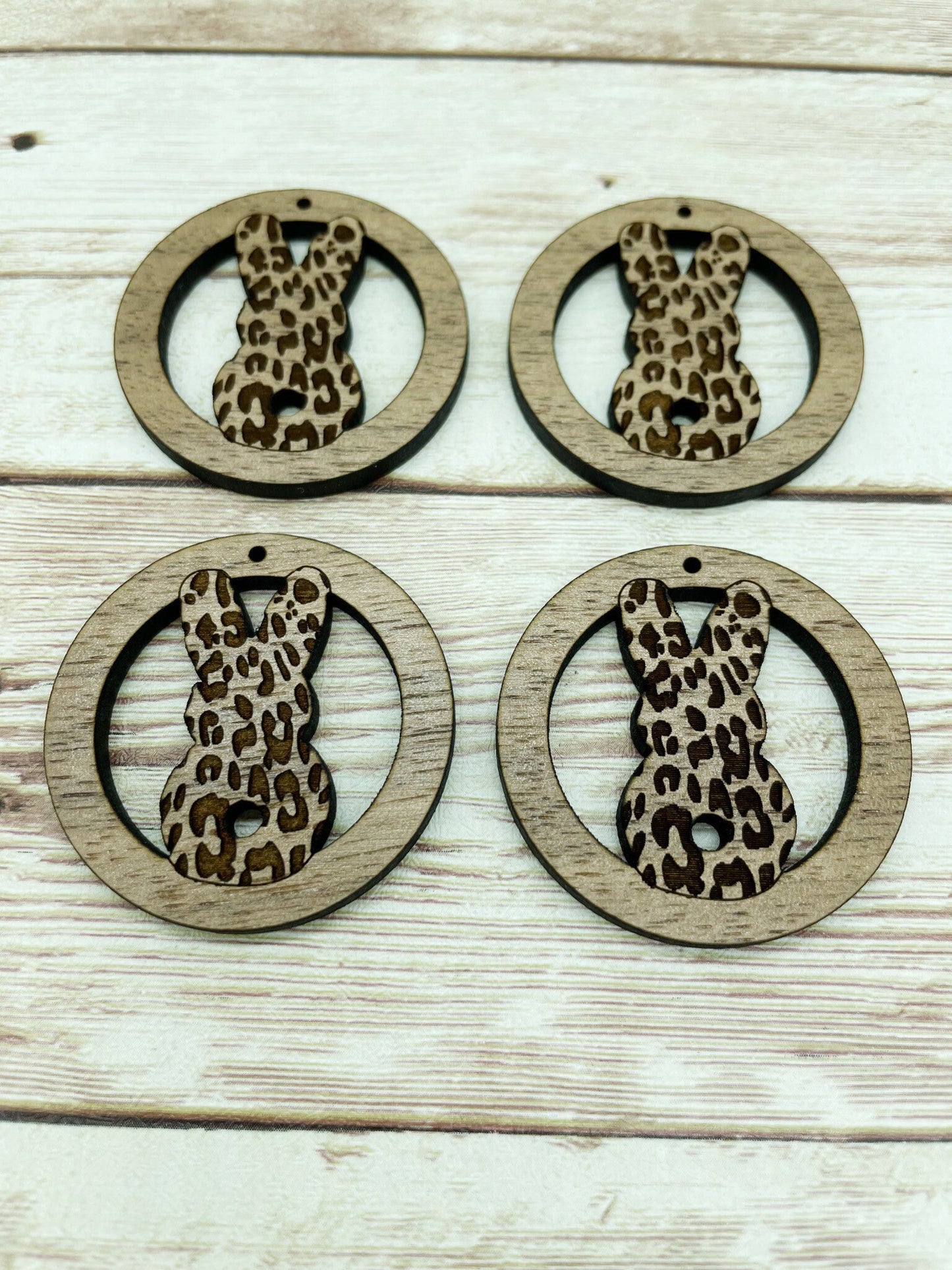 Wood Circle Engraved Leopard Bunny Easter Earring Blanks, Finished Walnut Blank, DIY Jewelry Making