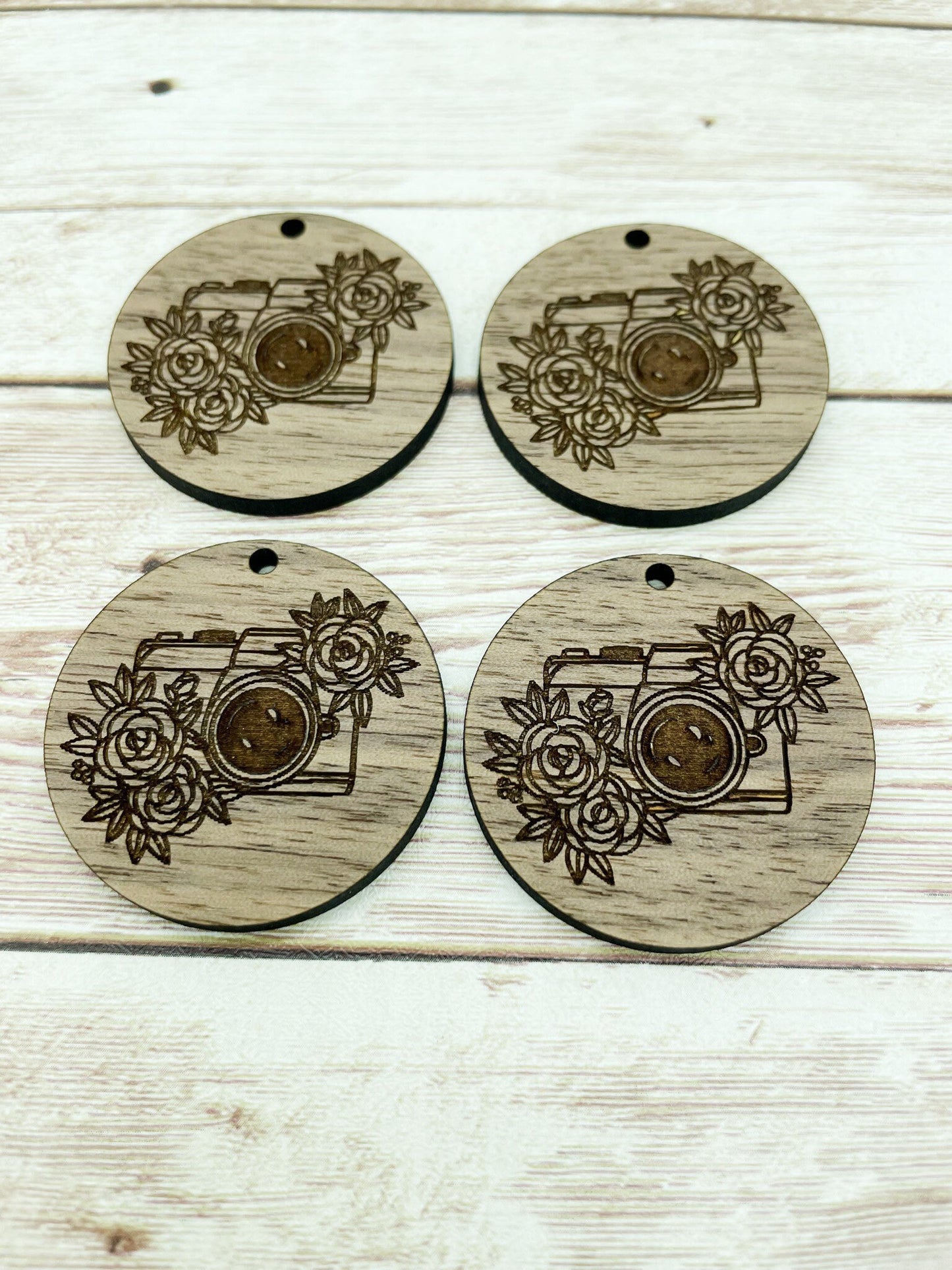 Wood Circle Engraved Floral Camera Earring Blanks, Finished Walnut Blank, DIY Jewelry Making