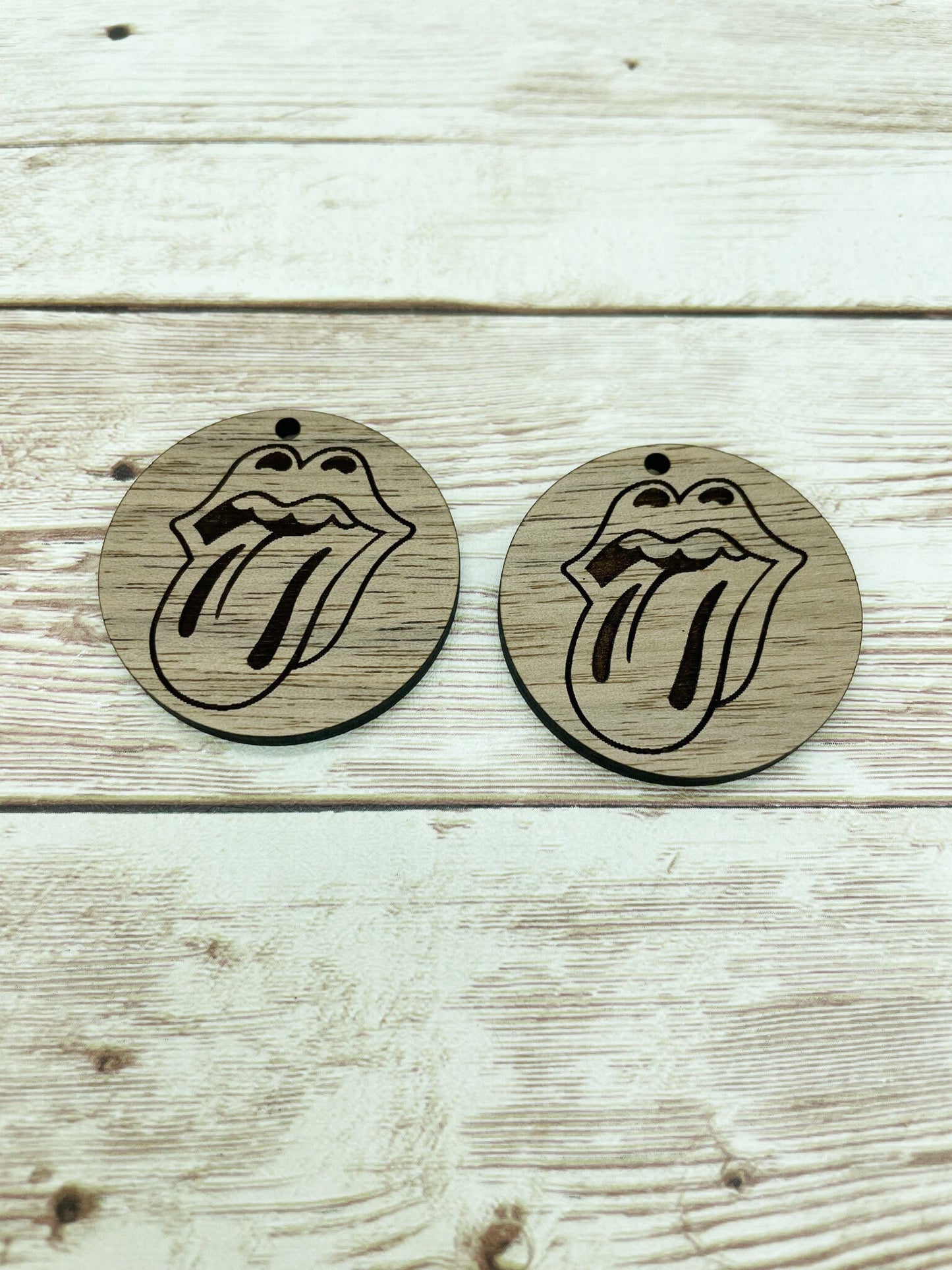 Wood Circle Engraved Rock and Roll Mouth Earring Blanks, Finished Walnut Blank, DIY Jewelry Making