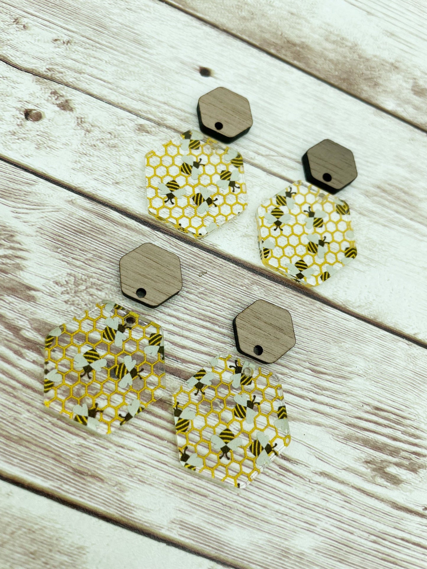 Patterned Acrylic and Wood Bee Print Earring Blanks, DIY Jewelry Making