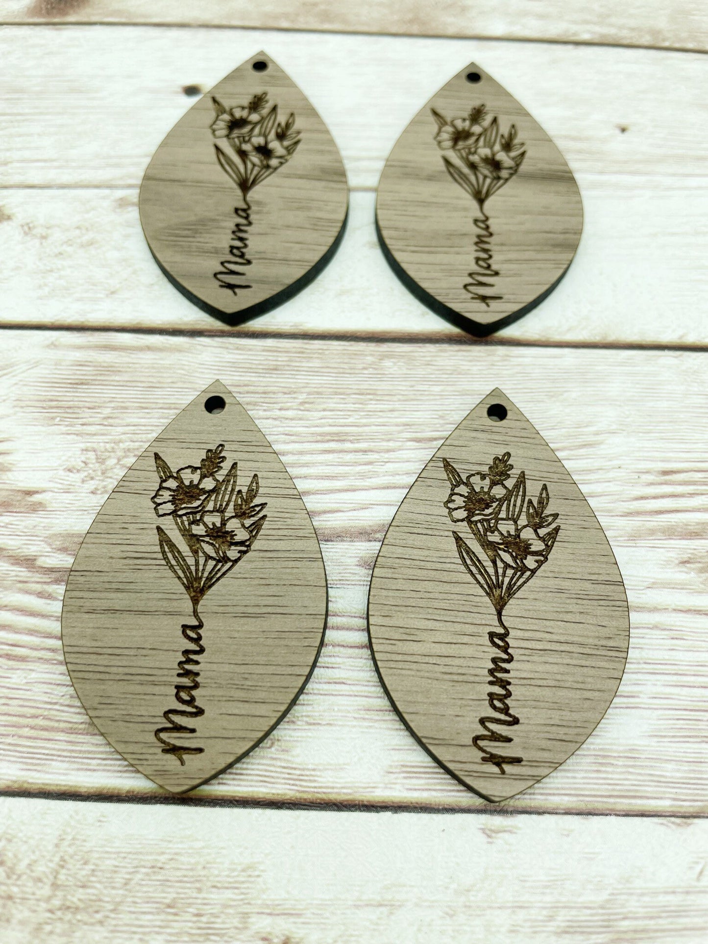 Wood Teardrop Engraved Floral Mama Earring Blanks, Finished Walnut Blank, DIY Jewelry Making