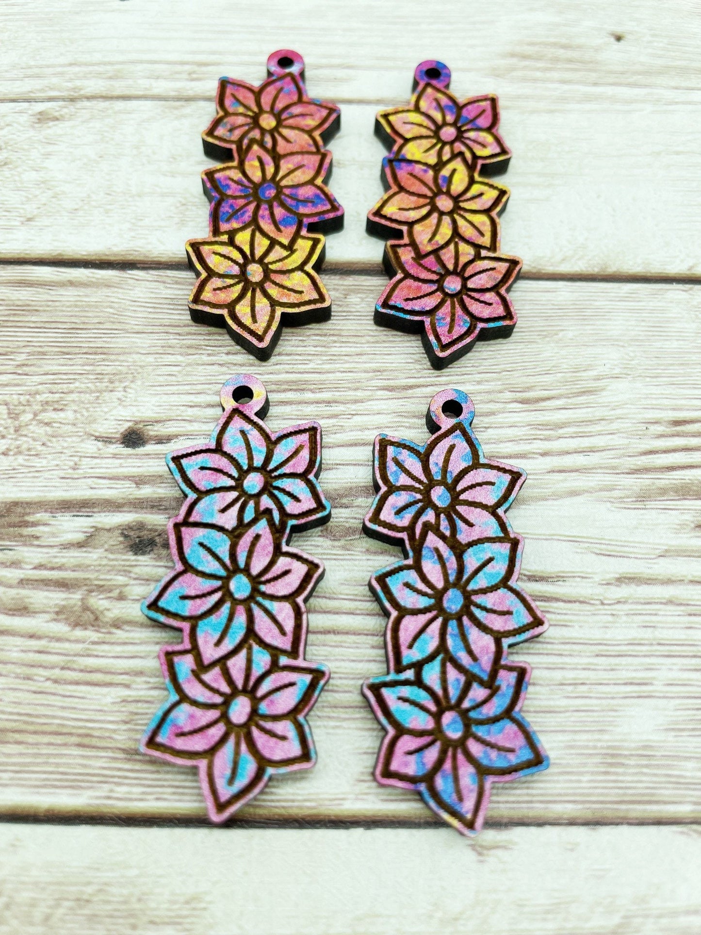 Patterned Wood Engraved Flower Earring Blanks, DIY Jewelry Making