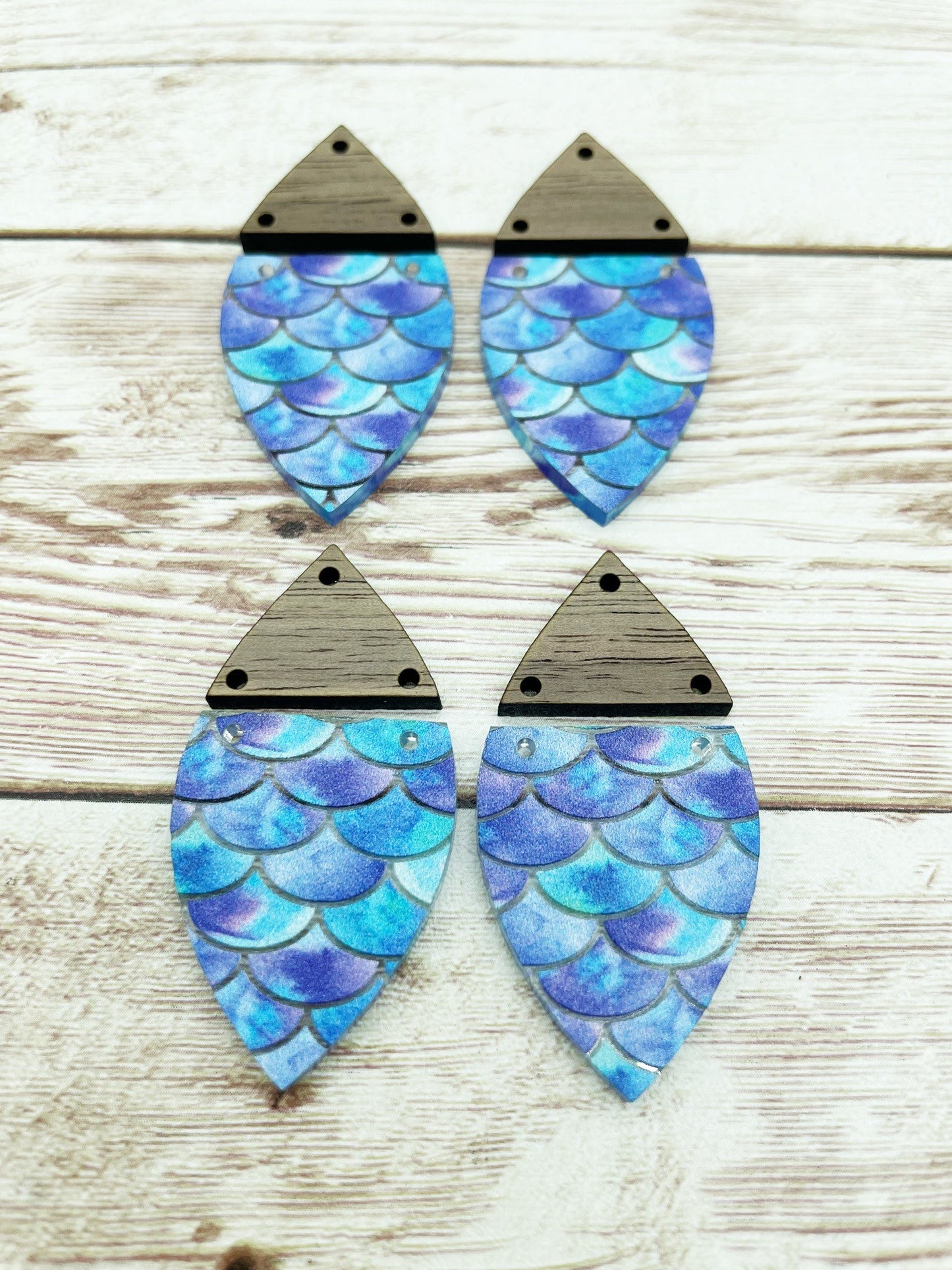 Patterned Acrylic and Wood Mermaid Scales Print Earring Blanks, DIY Jewelry Making
