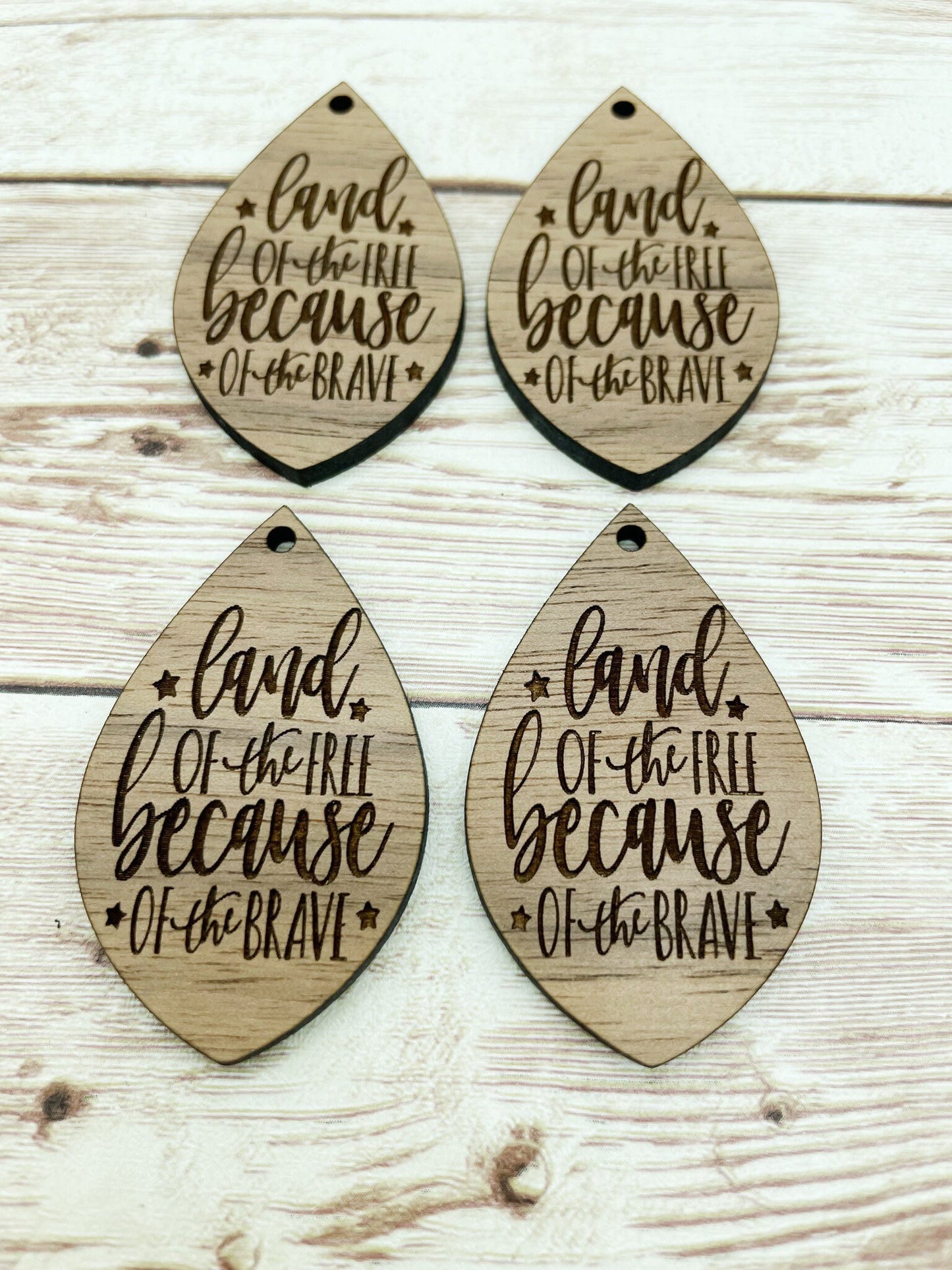 Wood Teardrop Engraved Land of the Free Earring Blanks, Finished Walnut Blank, DIY Jewelry Making