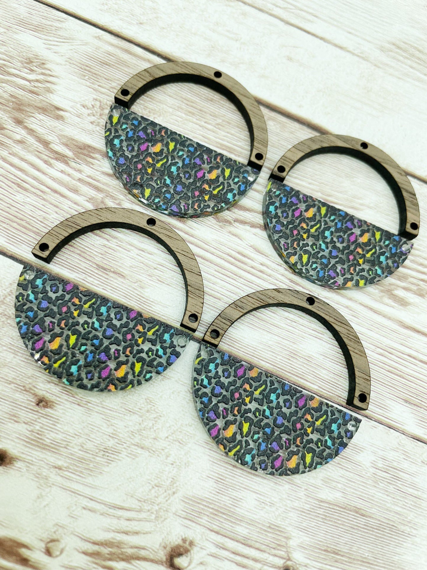 Patterned Acrylic and Wood Arch Round Rainbow Leopard Print Earring Blanks, DIY Jewelry Making