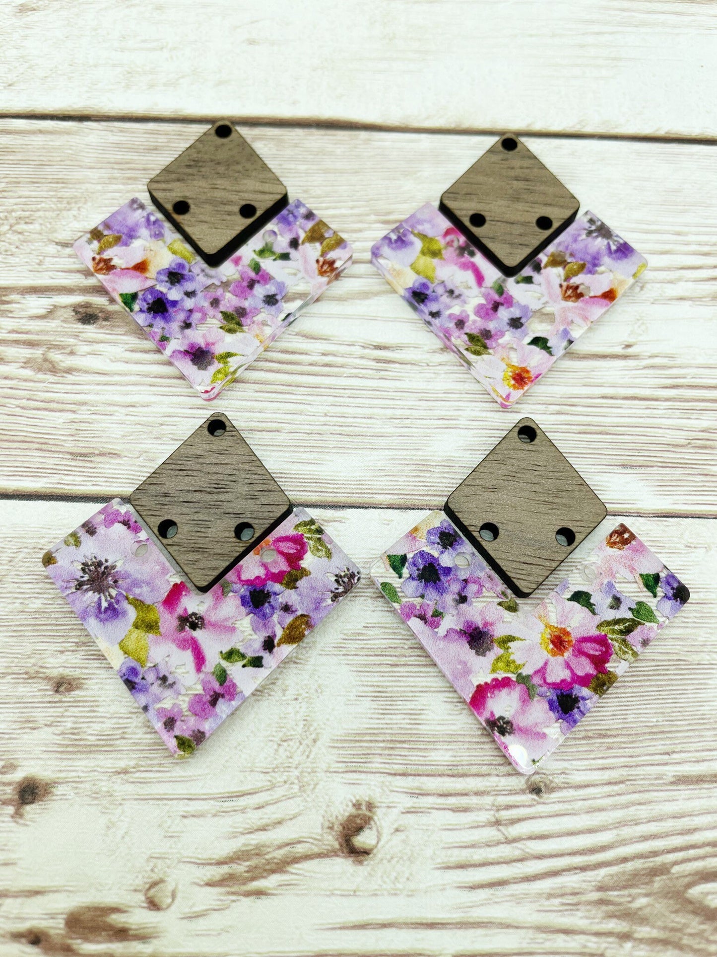 Patterned Purple and Pink Floral Acrylic and Wood Earring Blanks, DIY Jewelry Making