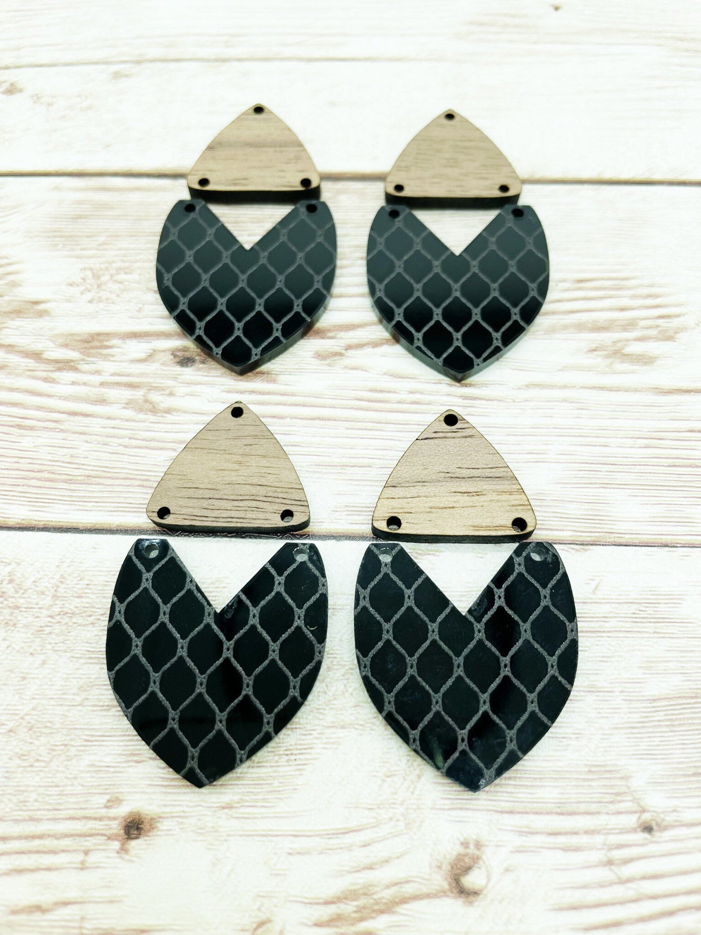 Patterned Fishnet Acrylic and Walnut Triangle Set Earring Blanks, DIY Jewelry Making