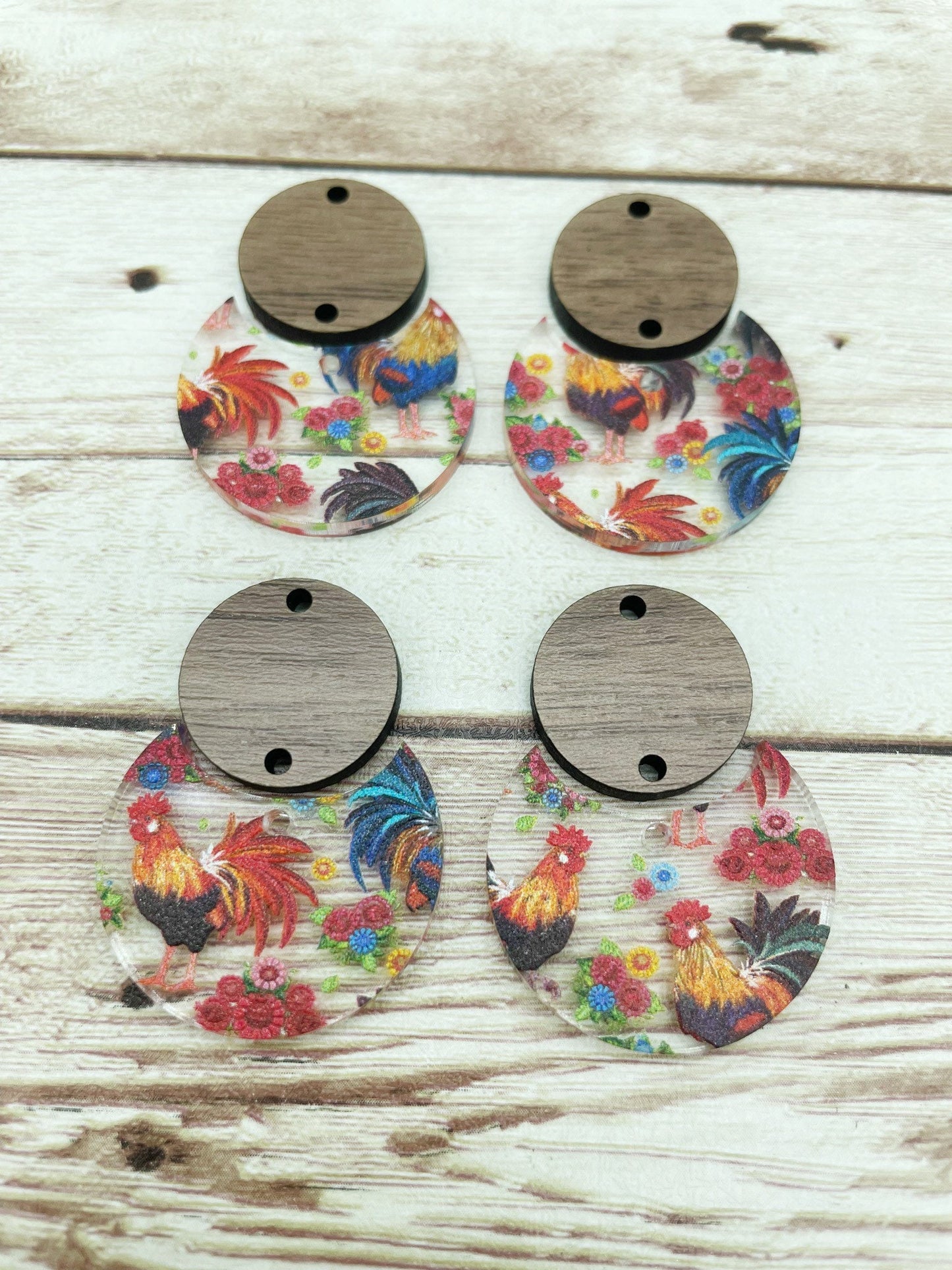 Patterned Acrylic Rooster Floral and Wood Circle Set Earring Blanks, DIY Jewelry Making
