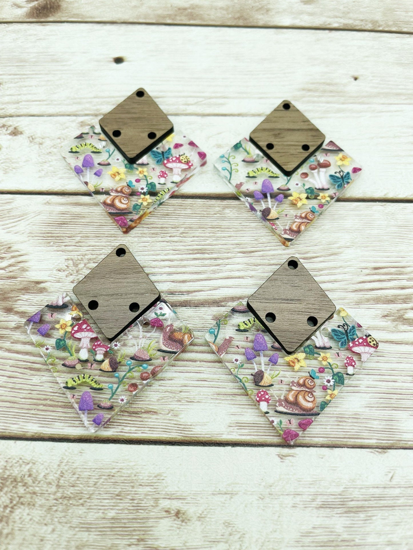 Patterned Snail Mushroom Floral Acrylic and Wood Earring Blanks, DIY Jewelry Making