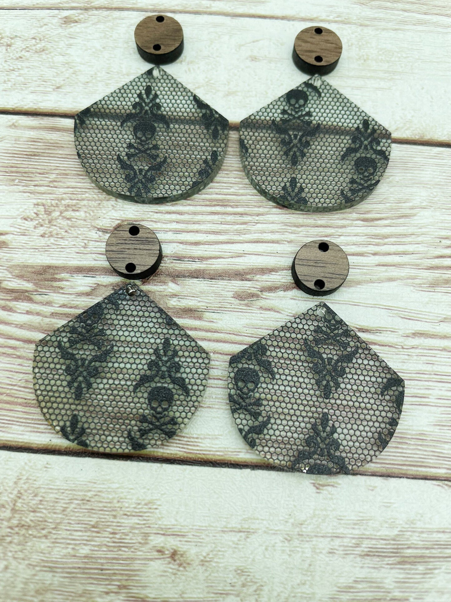 Patterned Acrylic and Wood Pointed Circle Skull Print Earring Blanks, DIY Jewelry Making