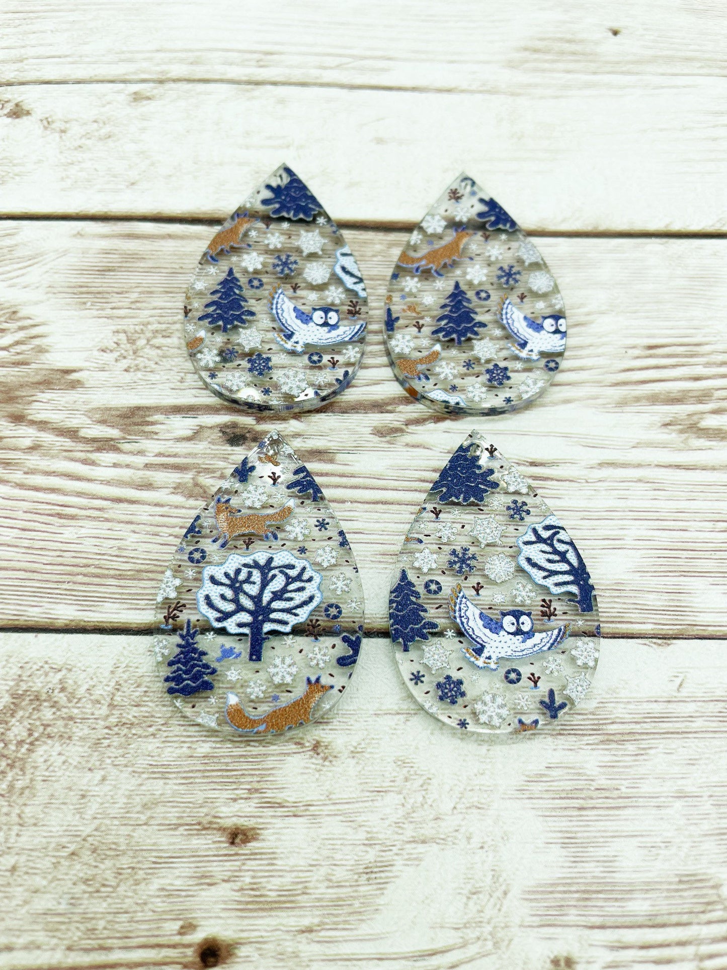 Patterned Winter Owl Fox Print Acrylic Teardrop Earring Blanks, DIY Jewelry Making