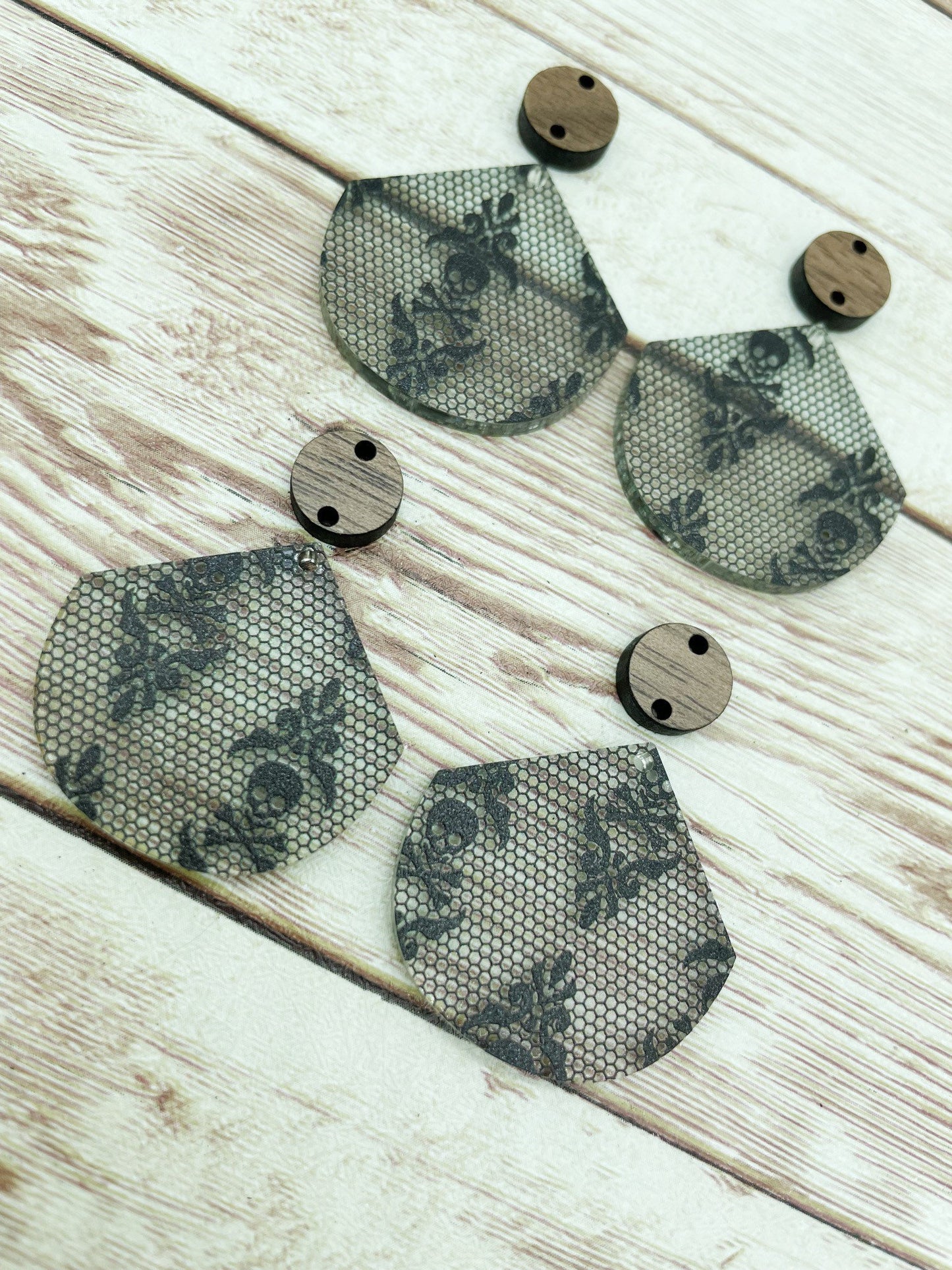 Patterned Acrylic and Wood Pointed Circle Skull Print Earring Blanks, DIY Jewelry Making