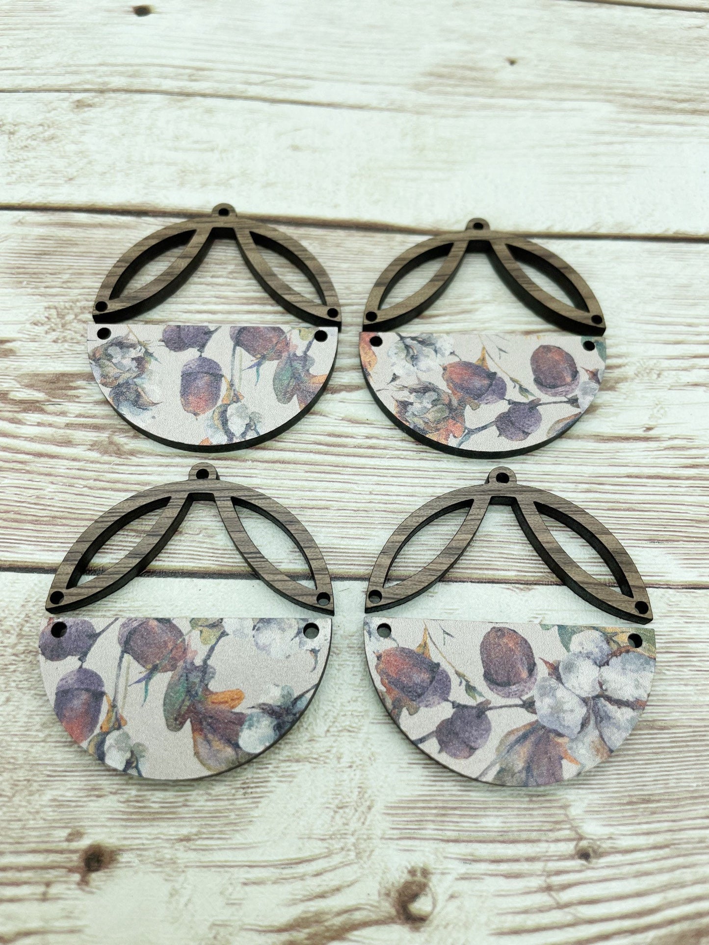 Patterned Fall Cotton and Acorn Intricate Wood Arch Round Earring Blanks, DIY Jewelry Making