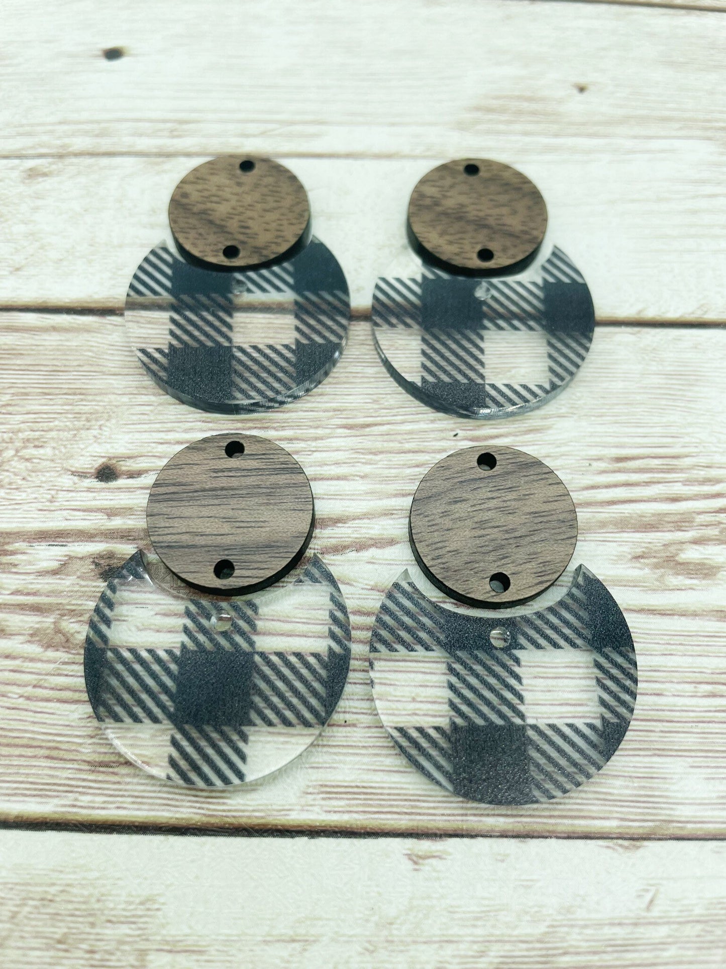 Patterned Black Plaid Acrylic and Wood Circle Set Earring Blanks, DIY Jewelry Making