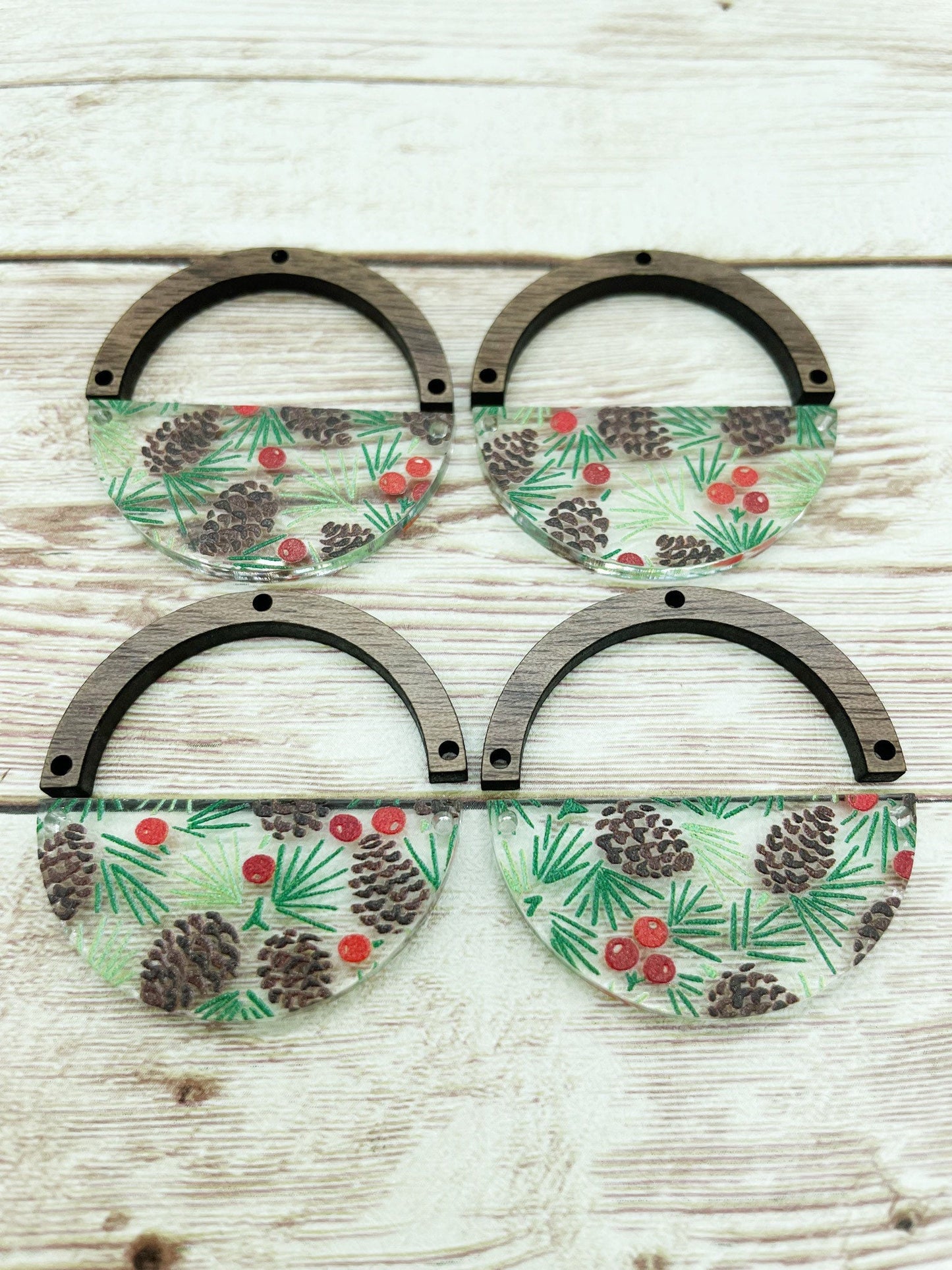 Patterned Winter Pinecone and Wood Arch Round Earring Blanks, DIY Jewelry Making