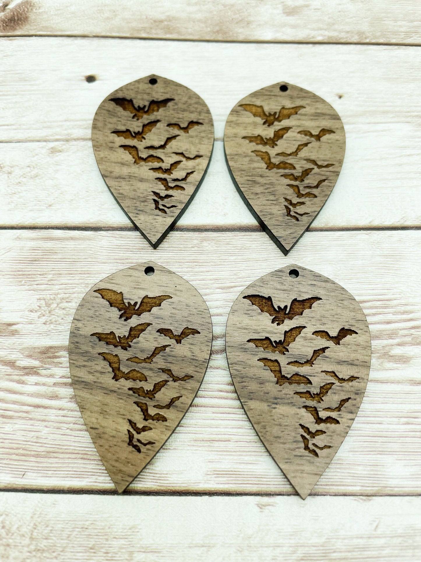 Wood Teardrop Engraved Halloween Bat Earring Blanks, Finished Walnut Blank, DIY Jewelry Making