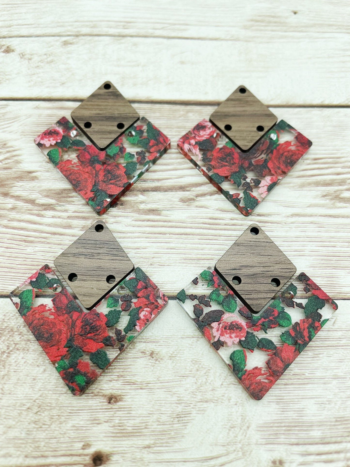 Patterned Red and Pink Rose Print Acrylic and Wood Earring Blanks, DIY Jewelry Making