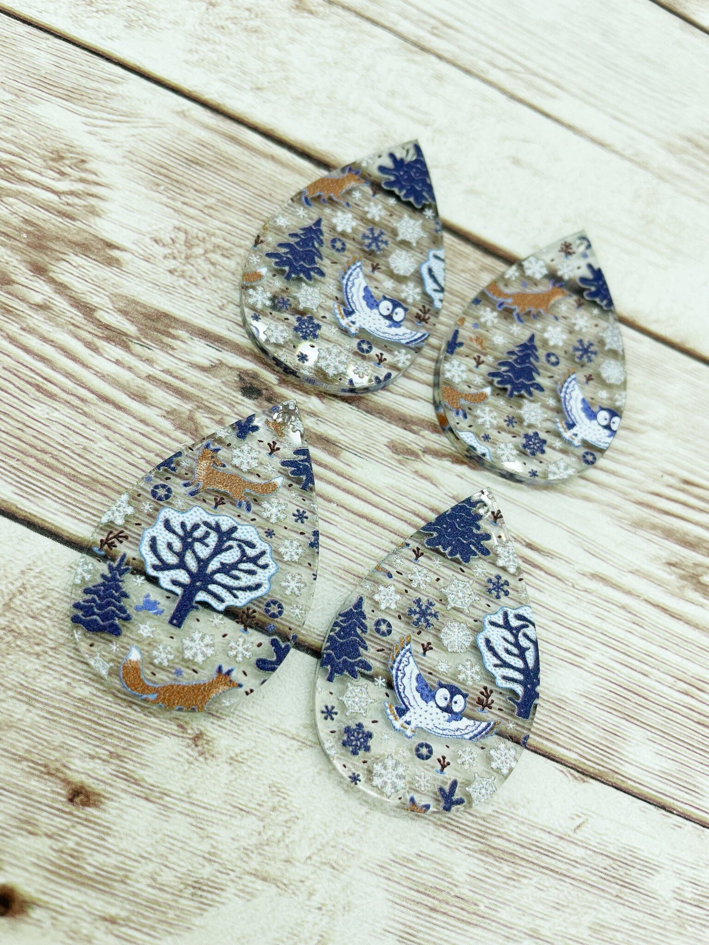 Patterned Winter Owl Fox Print Acrylic Teardrop Earring Blanks, DIY Jewelry Making